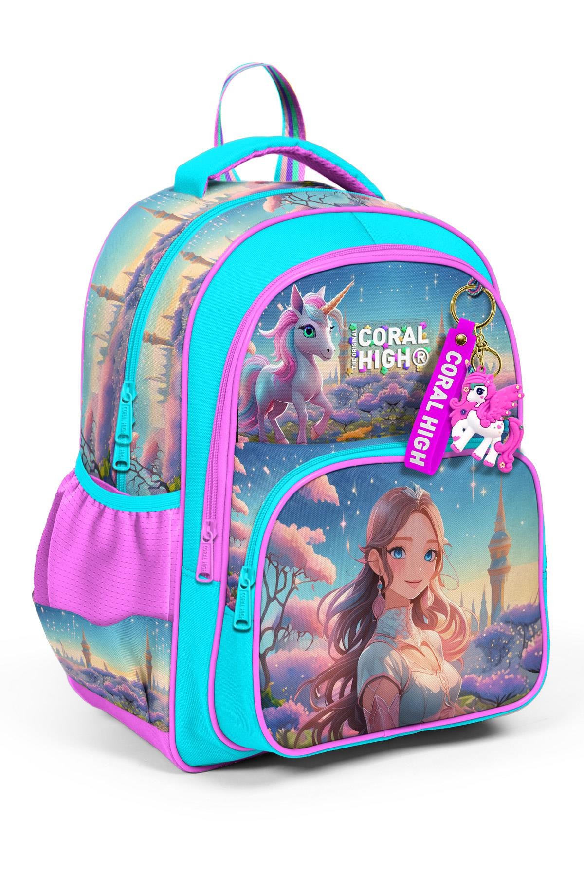 Coral High Kids Turkuaz Pembe Anime Kız Desenli Üç Bölmeli Okul Sırt Çantası 14420