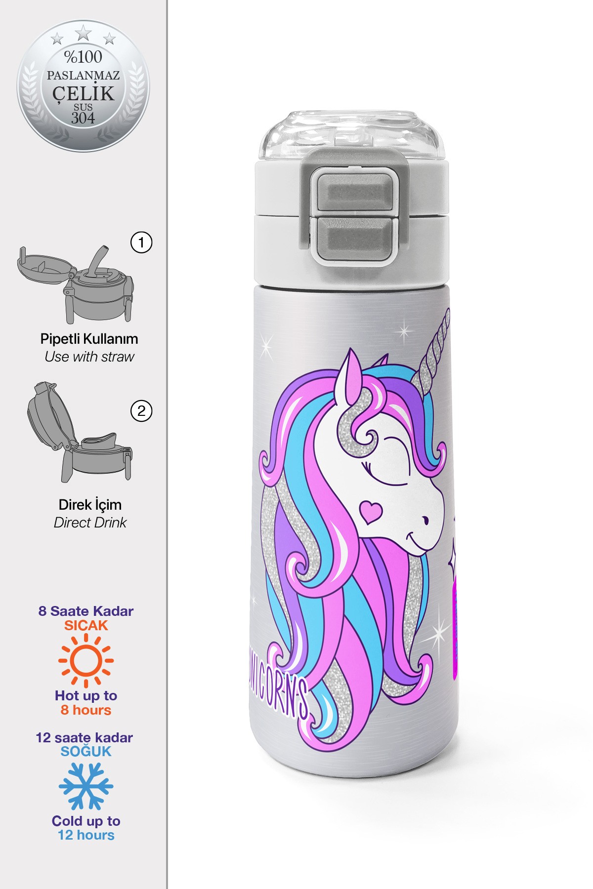 Coral High Kids Pembe Gümüş Unicorn Desenli Pipetli ve Direkt İçim Çelik Termos 500 ml 31821