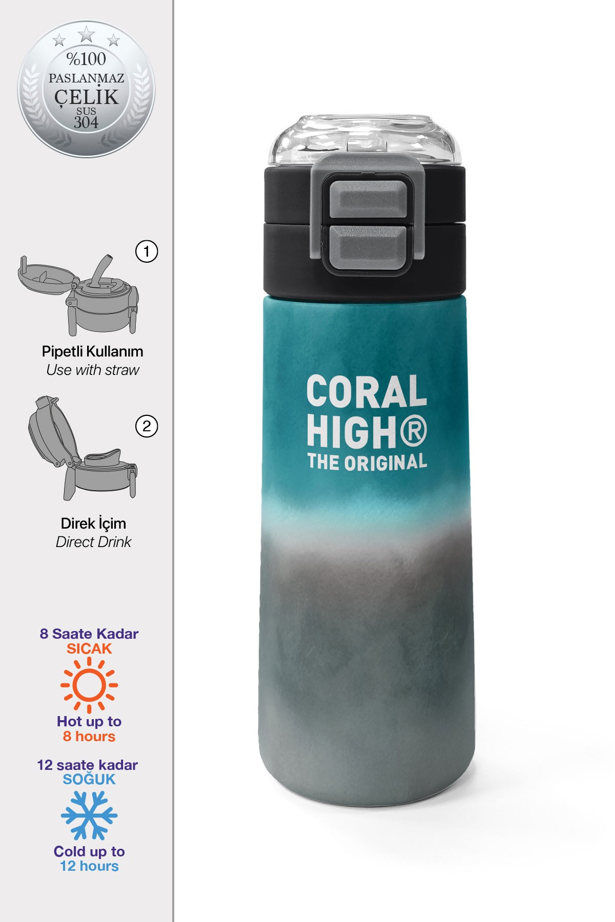 Coral High Kids Nefti Gri Renk Geçişli Desenli Pipetli ve Direkt İçim Çelik Termos 500 ml 31969