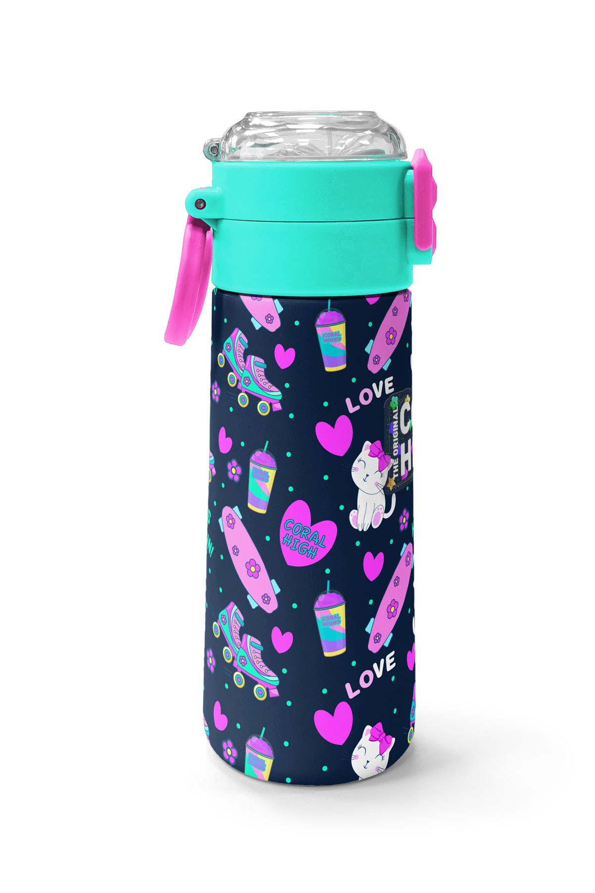 Coral High Kids Lacivert Pembe Kedili Paten Desenli Pipetli ve Direkt İçim Çelik Termos 500 ml 31983