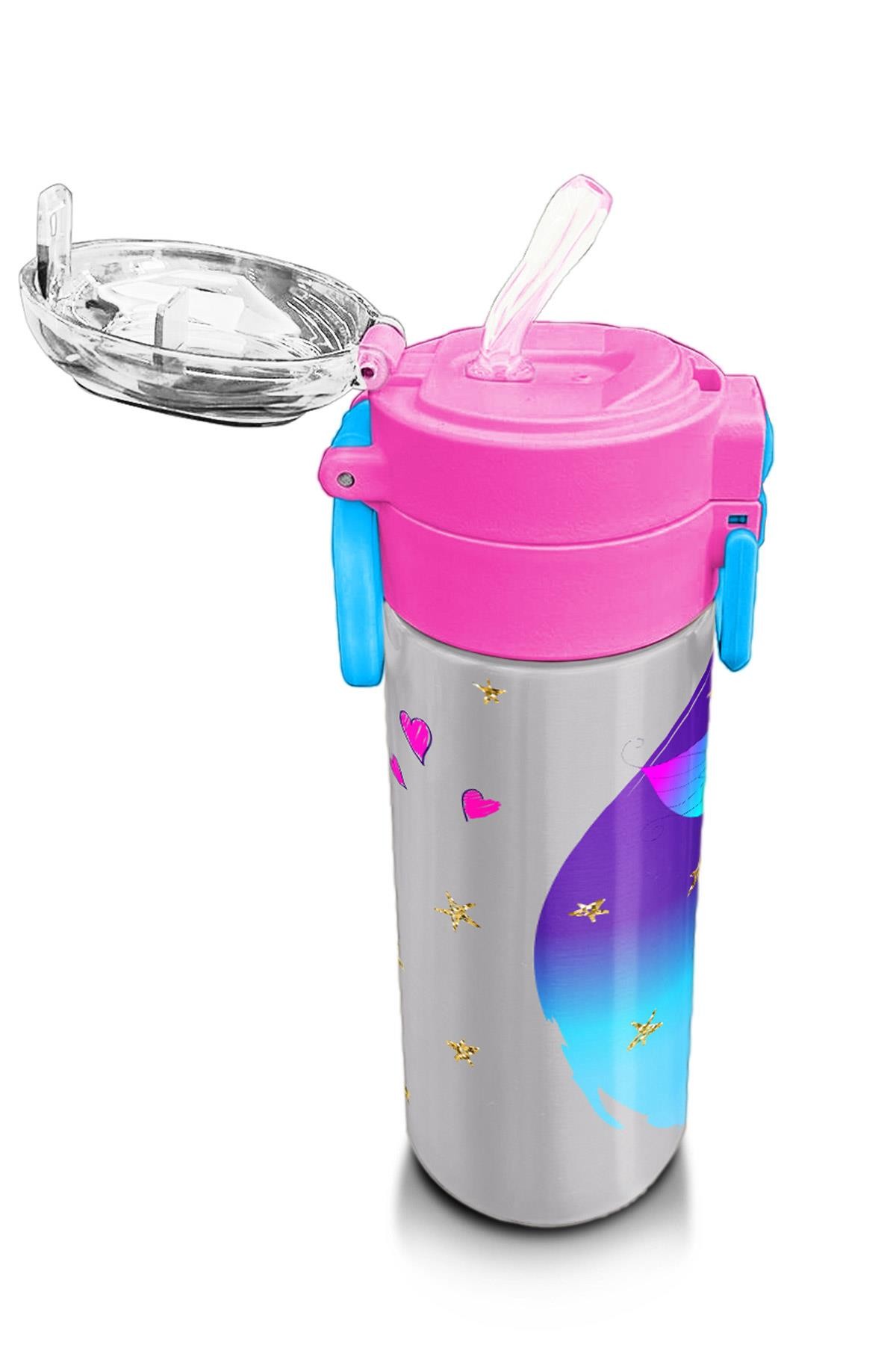 Coral High Kids Pembe Mavi Peri Desenli Pipetli ve Direkt İçim Çelik Termos 500 ml 31803