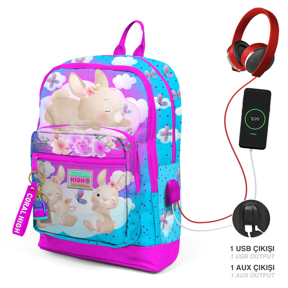 Coral High Kids Mavi Pembe Tavşan Desenli Dört Bölmeli USB'li Okul Sırt Çantası 23836