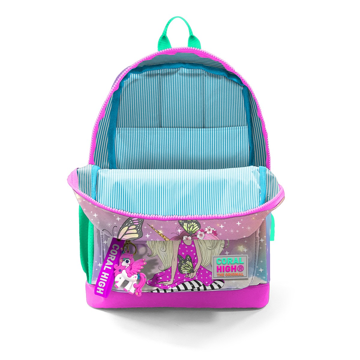 Coral High Kids Pembe Su Yeşili Unicornlu Kız Desenli Dört Bölmeli USB'li Okul Sırt Çantası 23833