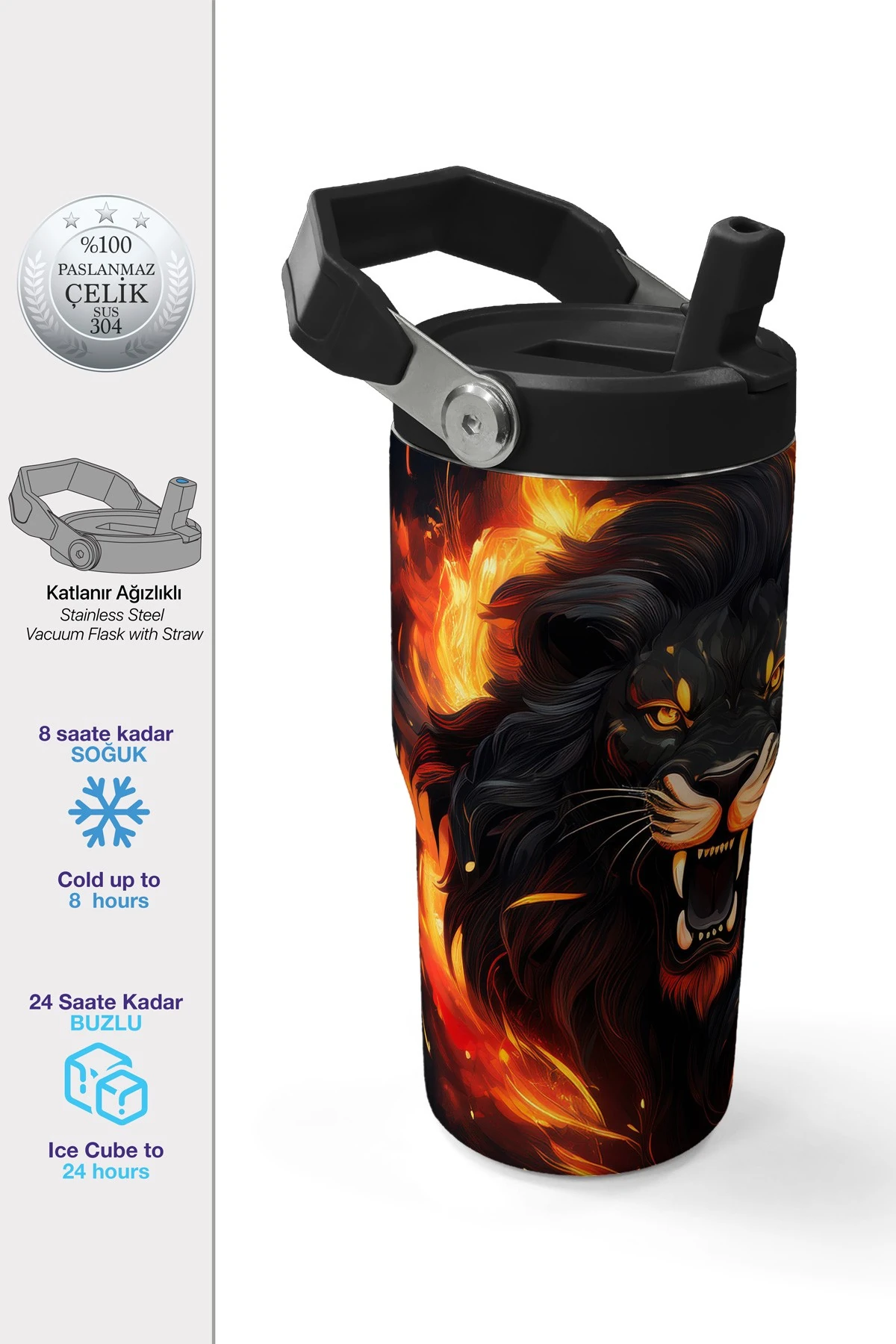 Coral High Black Lion Patterned Steel Thermos with Folding Mouth