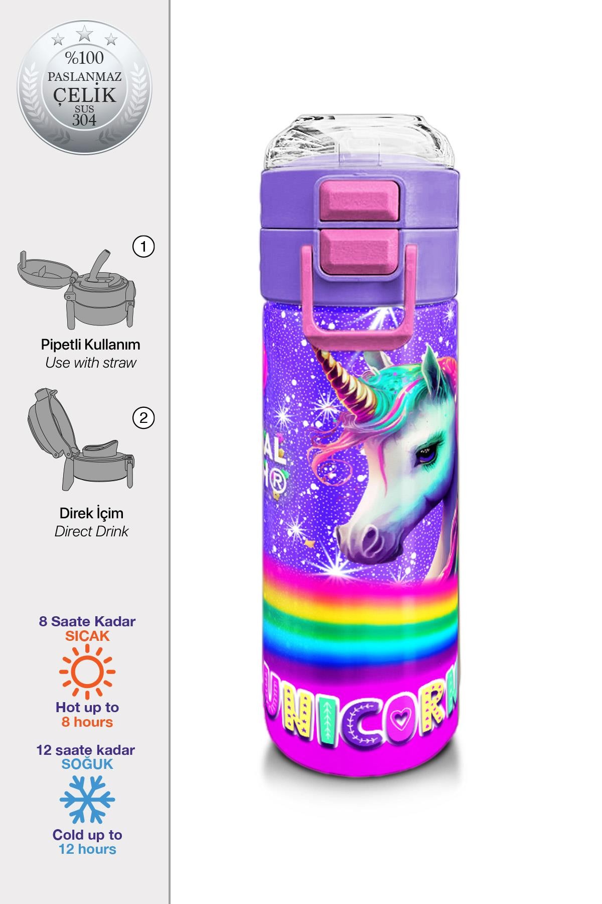Coral High Kids Mor Unicorn Desenli Pipetli ve Direkt İçim Çelik Termos 500 ml 31837