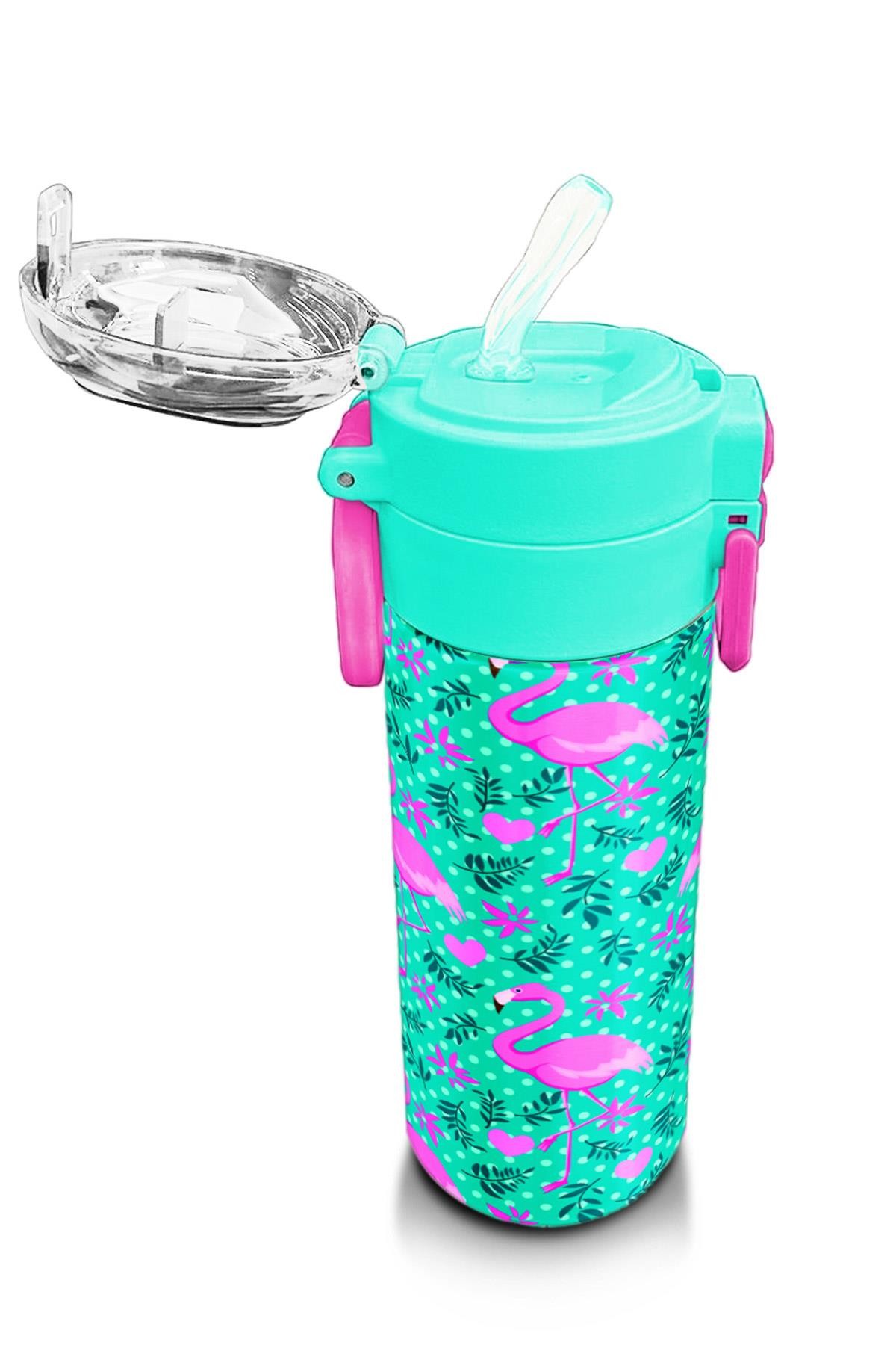 Coral High Kids Su Yeşili Pembe Flamingo Desenli Pipetli ve Direkt İçim Çelik Termos 500 ml 31926