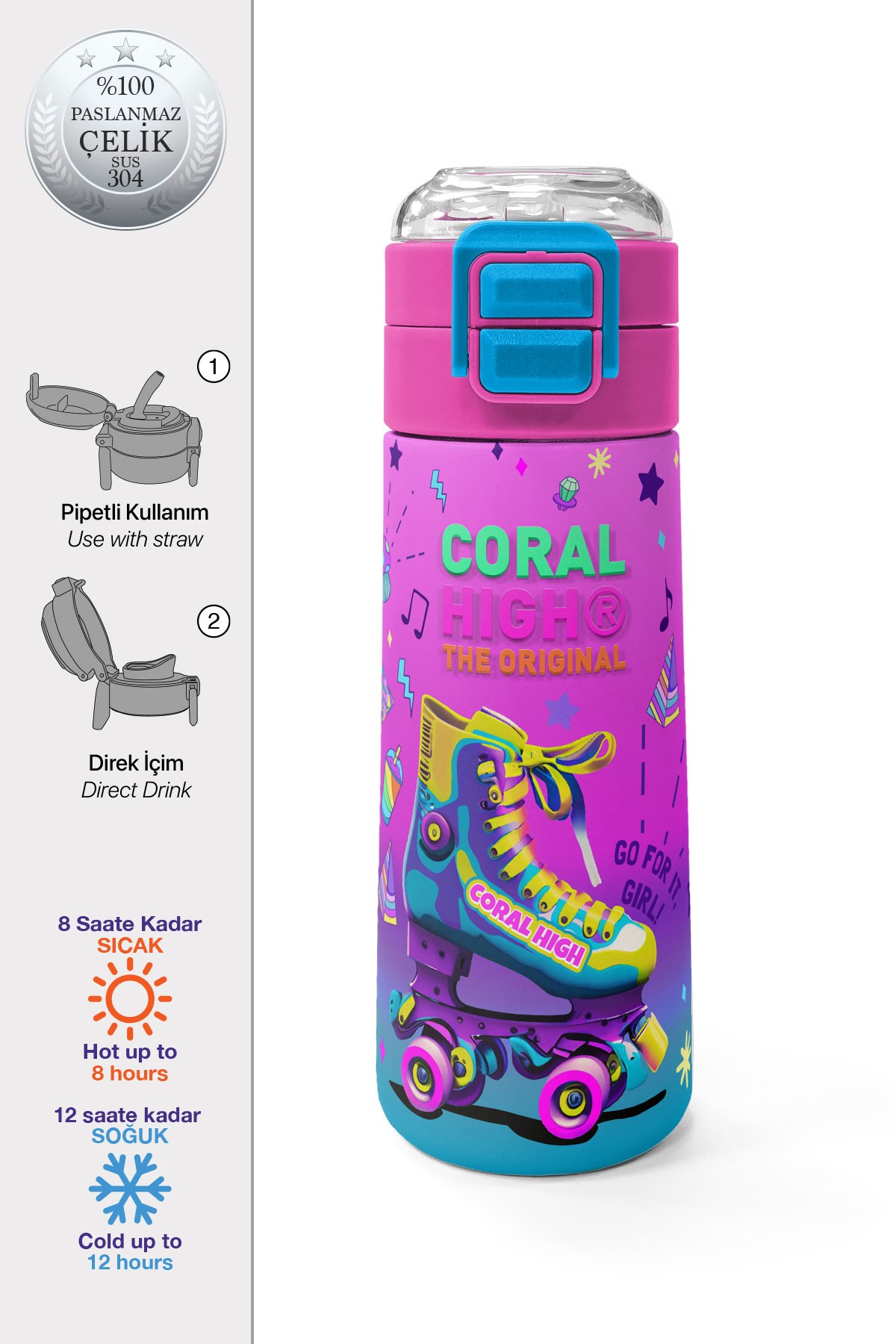 Coral High Kids Pembe Turkuaz Kulaklık Paten Desenli Pipetli ve Direkt İçim Çelik Termos 500 ml 31955