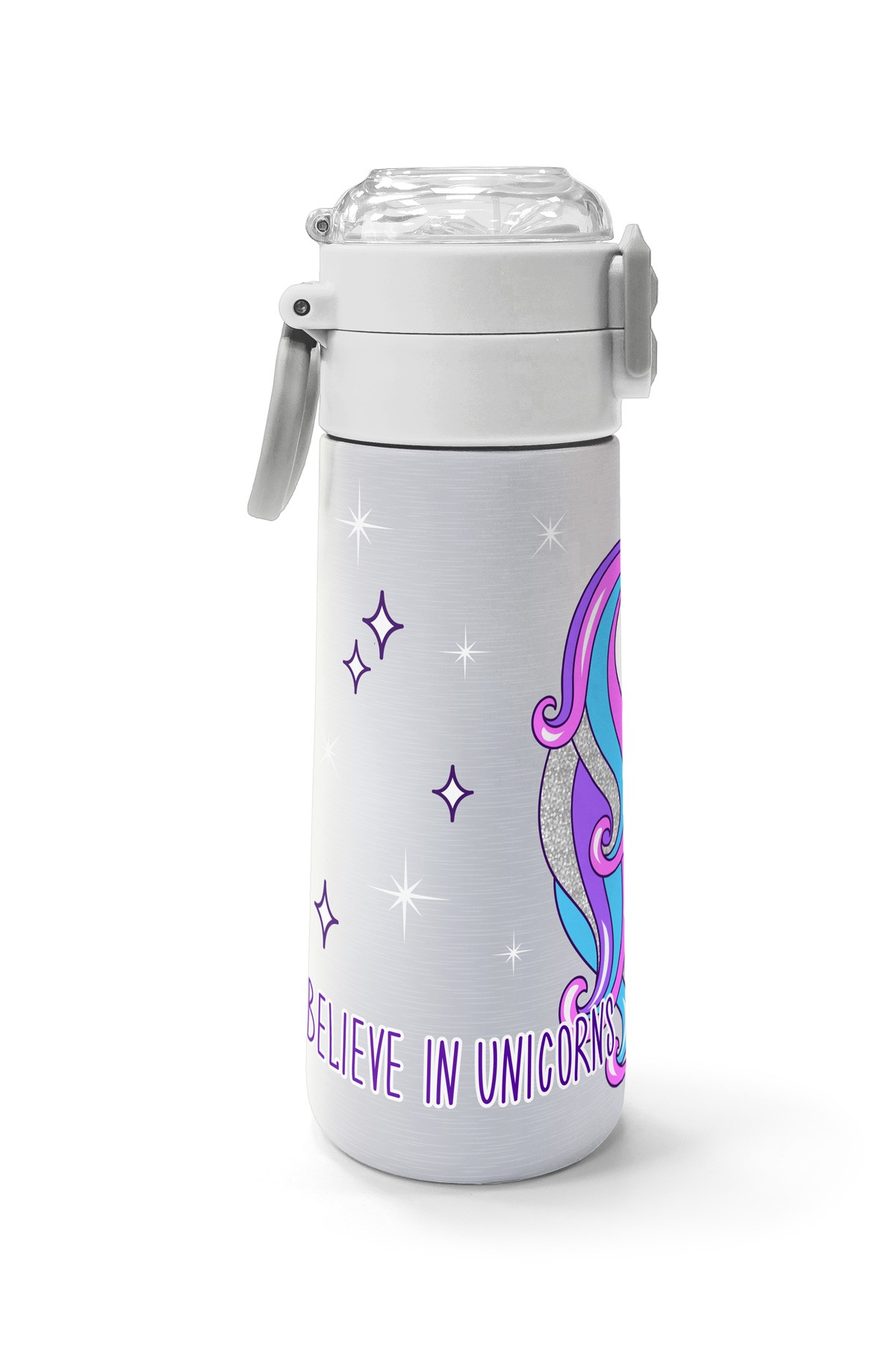 Coral High Kids Pembe Gümüş Unicorn Desenli Pipetli ve Direkt İçim Çelik Termos 500 ml 31821