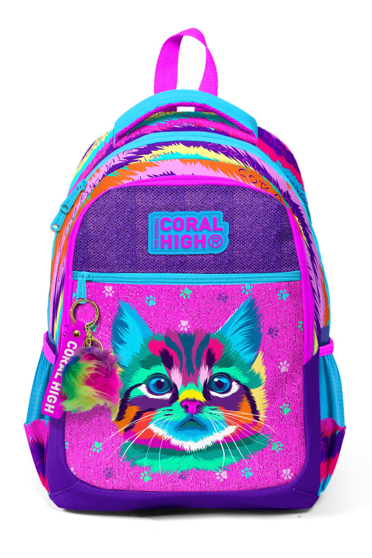Coral High Kıds Mor Pembe Kedi Desenli Üç Bölmeli Okul Sırt Çantası 23477