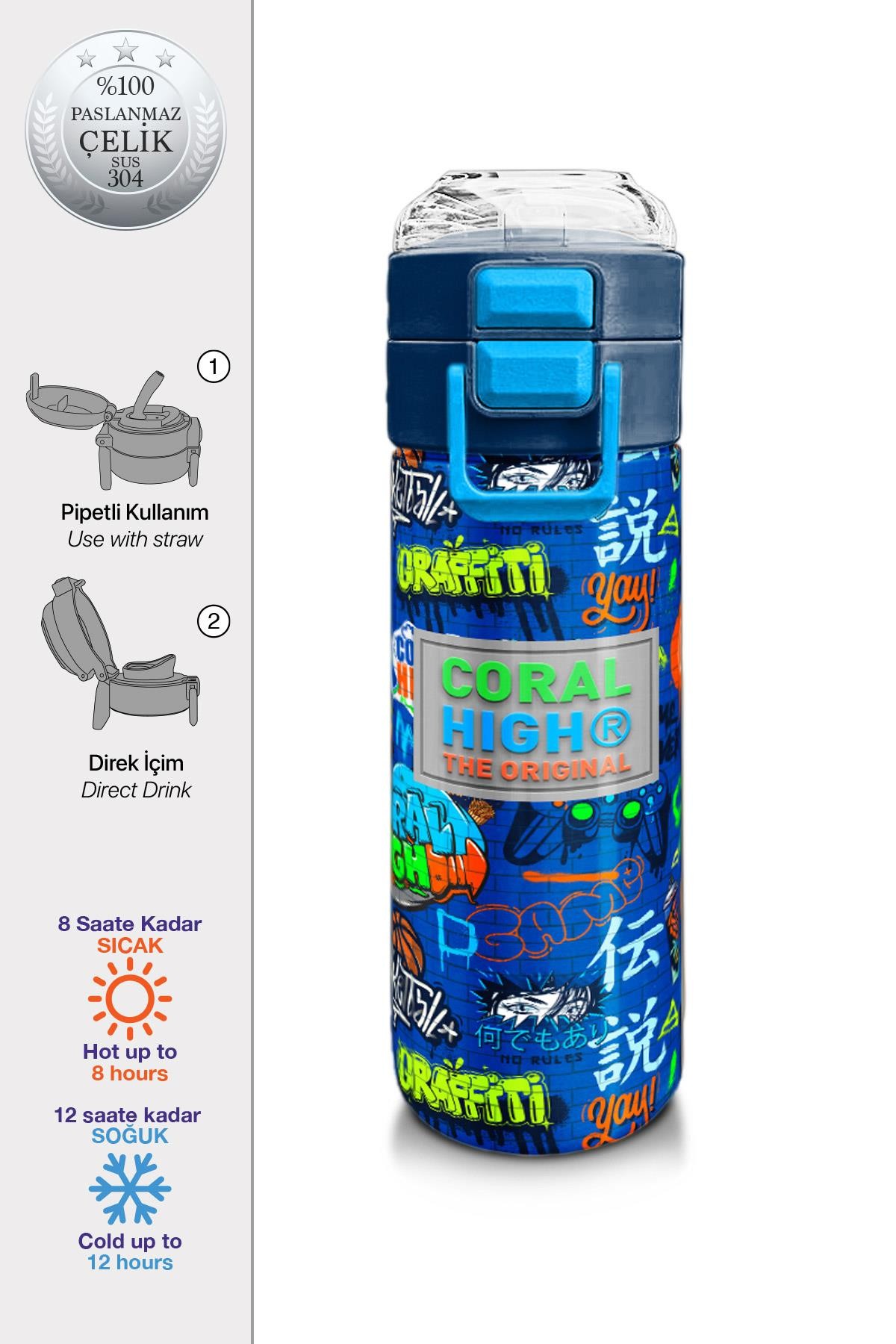 Coral High Kids Saks Grafiti Desenli Pipetli ve Direkt İçim Çelik Termos 500 ml 31968