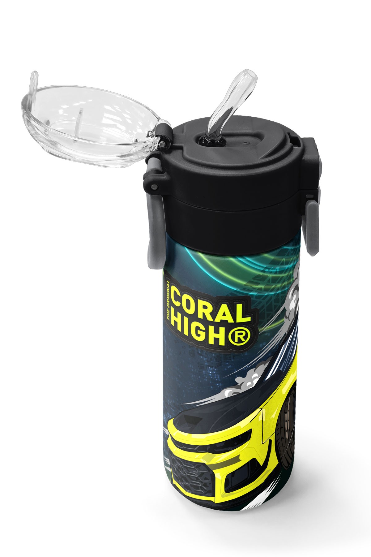 Coral High Kids Nefti Fosforlu Sarı Araba Desenli Pipetli ve Direkt İçim Çelik Termos 500 ml 31834