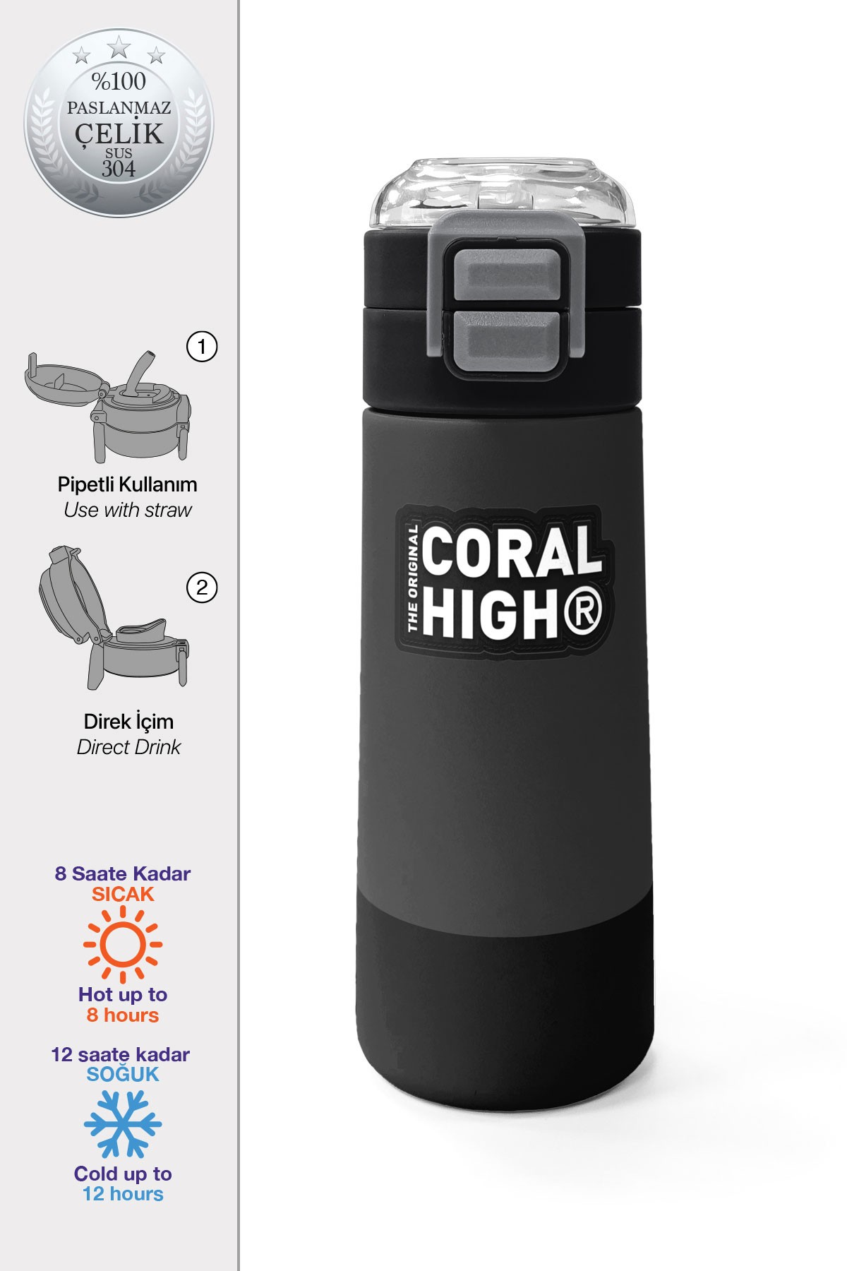 Coral High Kids Koyu Gri Siyah Desenli Pipetli ve Direkt İçim Çelik Termos 500 ml 31824