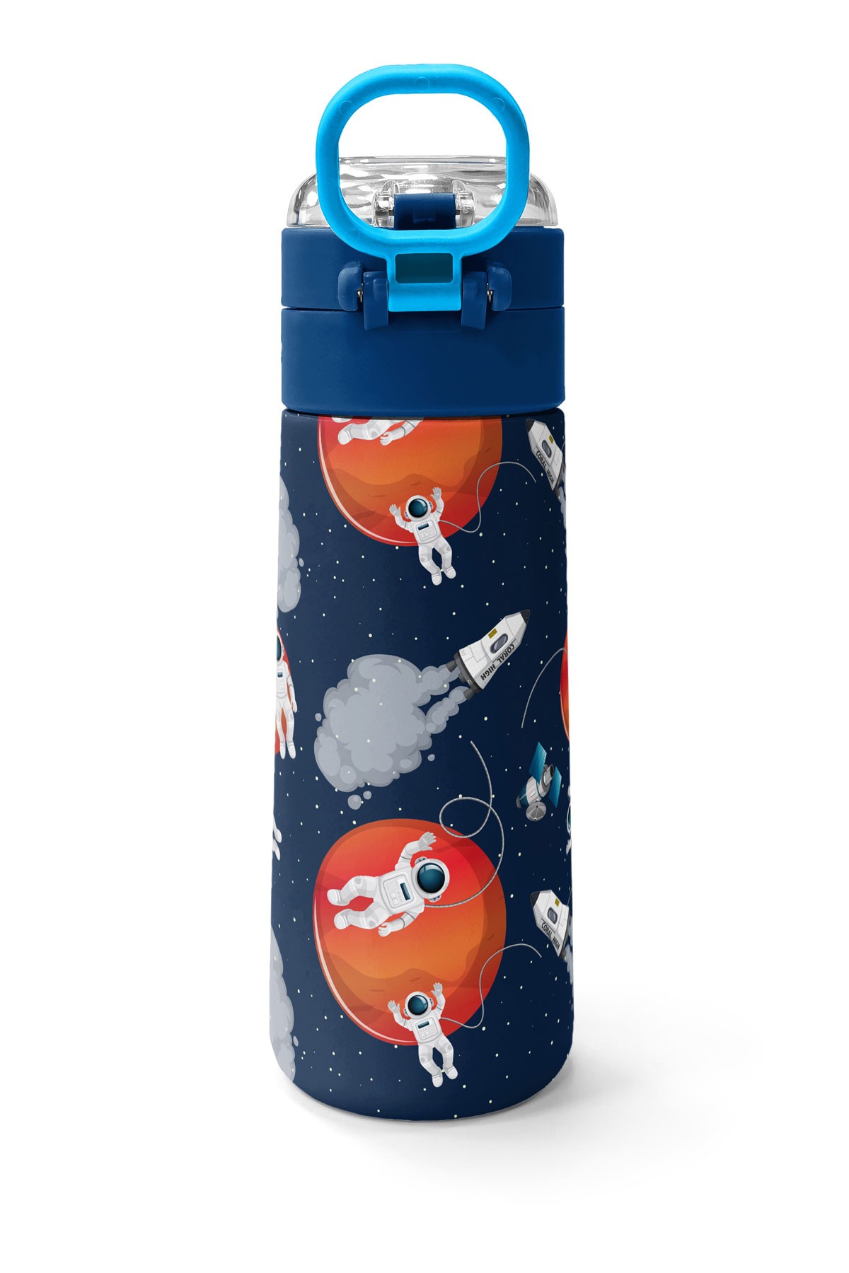 Coral High Kids Lacivert Mavi Astronot Desenli Pipetli ve Direkt İçim Çelik Termos 500 ml 31999