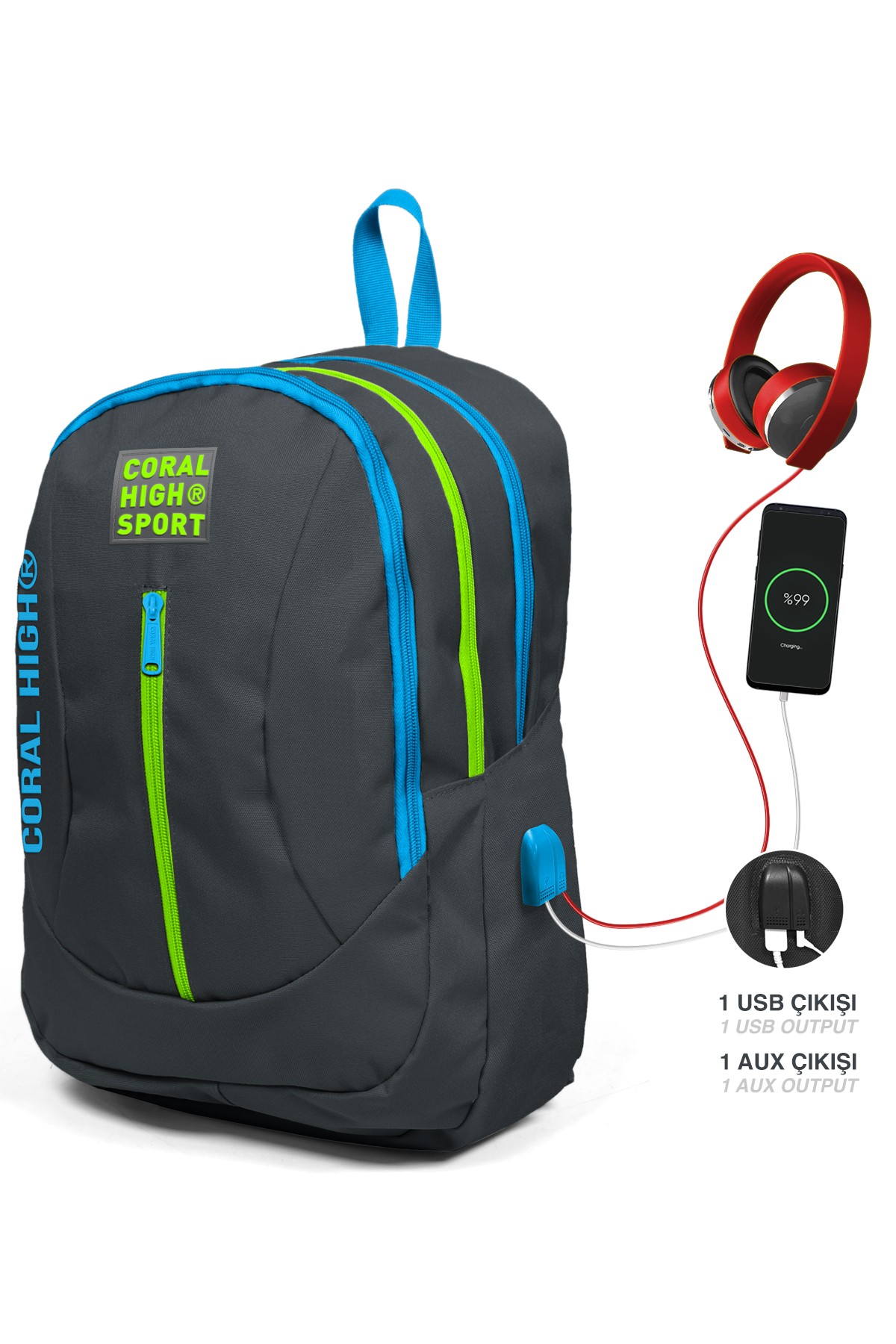 Coral High Sport Koyu Gri Dört Bölmeli USB Şarjlı Kulaklık Çıkışlı Sırt Çantası 23227