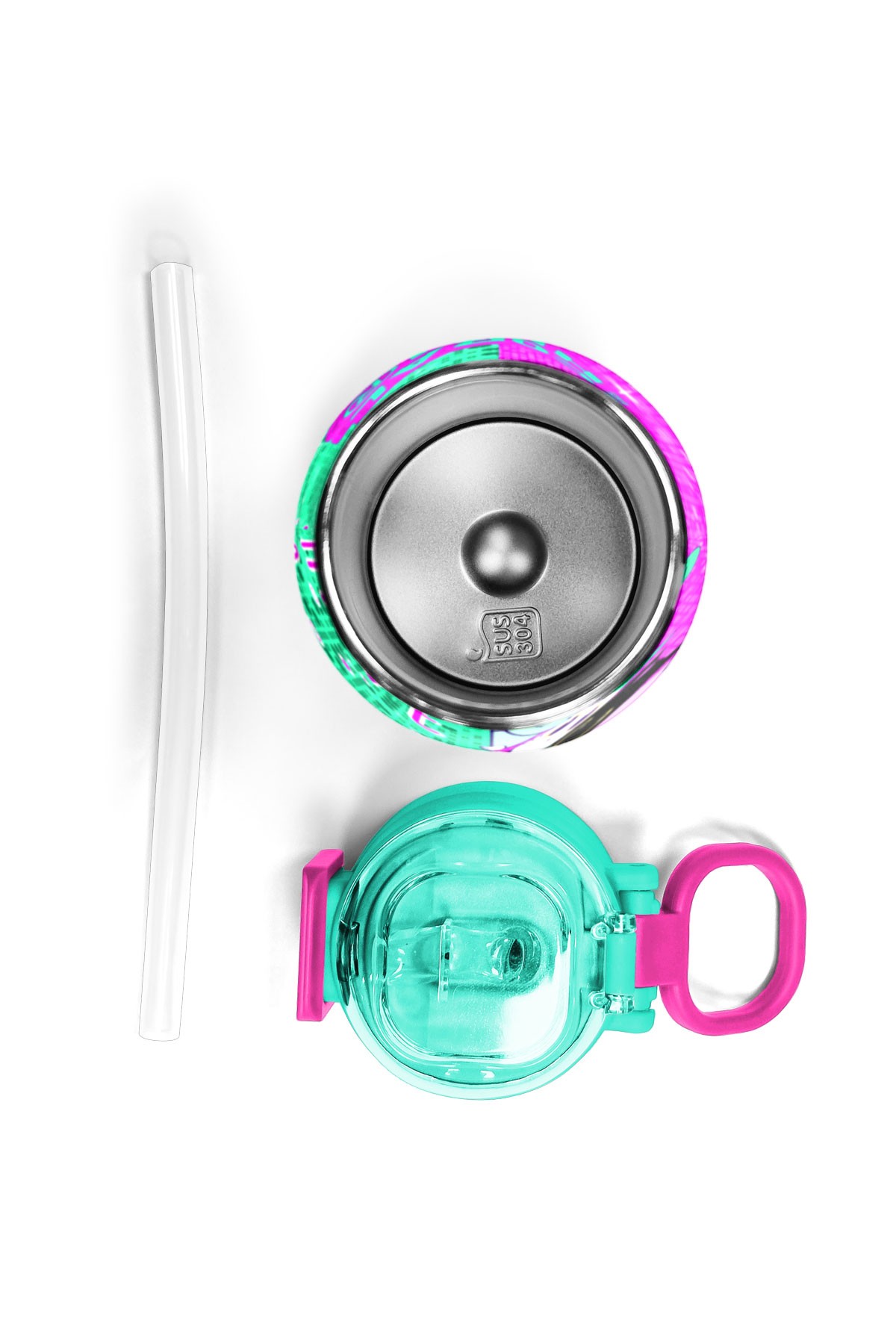 Coral High Kids Pembe Su Yeşili Kedi Desenli Pipetli ve Direkt İçim Çelik Termos 500 ml 31806