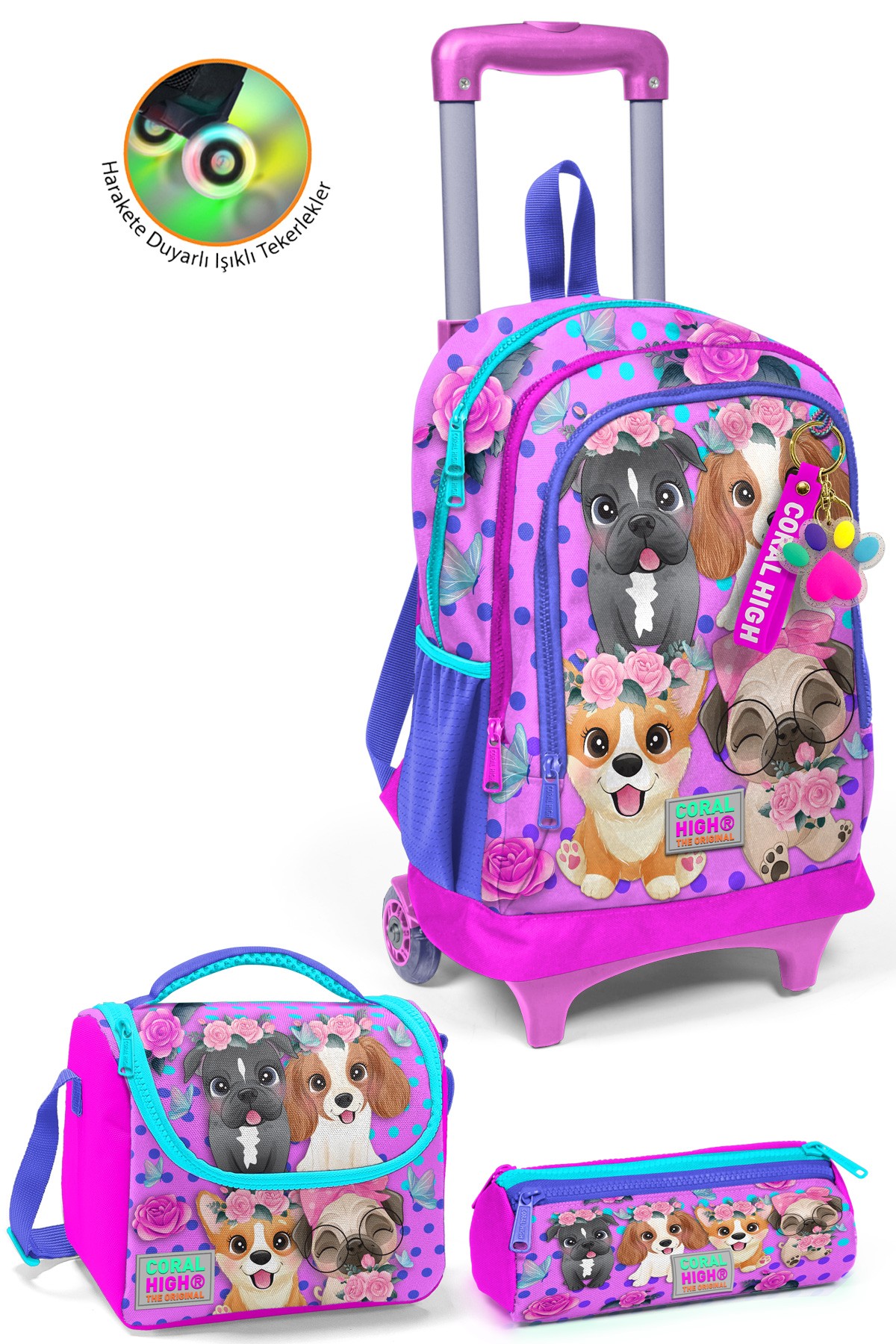 Coral High Kids Pembe Köpek Desenli Üç Bölmeli Çekçekli3'lü Çanta Seti SET0123950