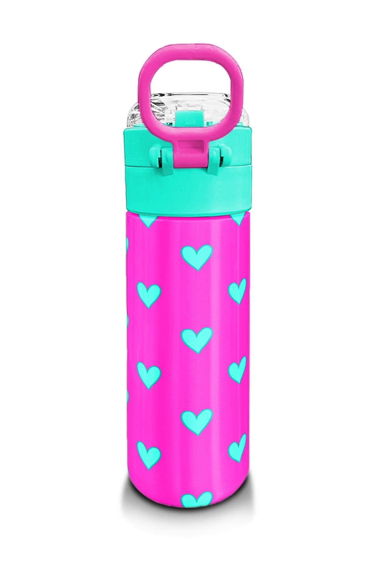 Coral High Kids Neon Pembe Su Yeşili Kalp Desenli Pipetli ve Direkt İçim Çelik Termos 500 ml 31906
