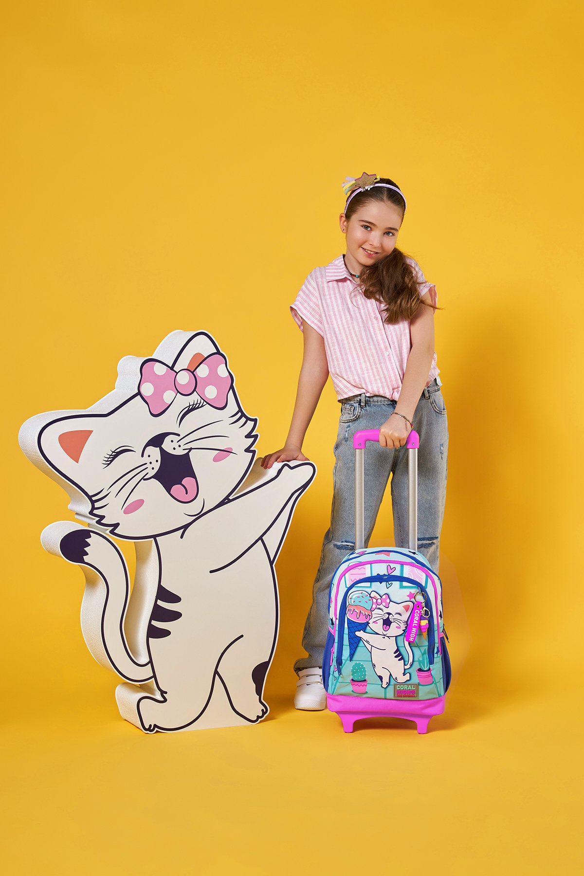 Coral High Kids Turkuaz Pembe Dondurmalı Kedi Desenli Üç Bölmeli Çekçekli Okul Sırt Çantası 23951