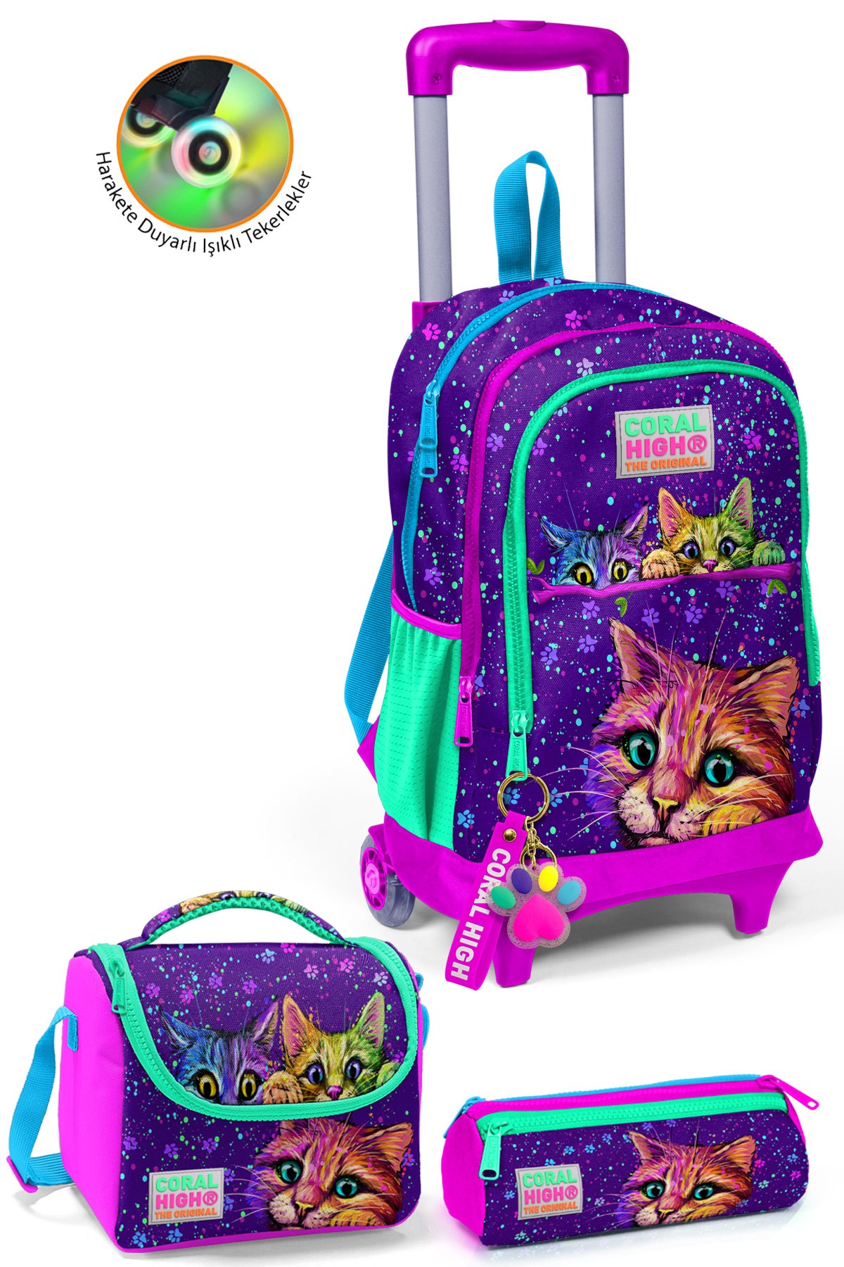 Coral High Kids Mor Pembe Kedi Desenli Çekçekli 3'lü Çanta Seti SET0123932