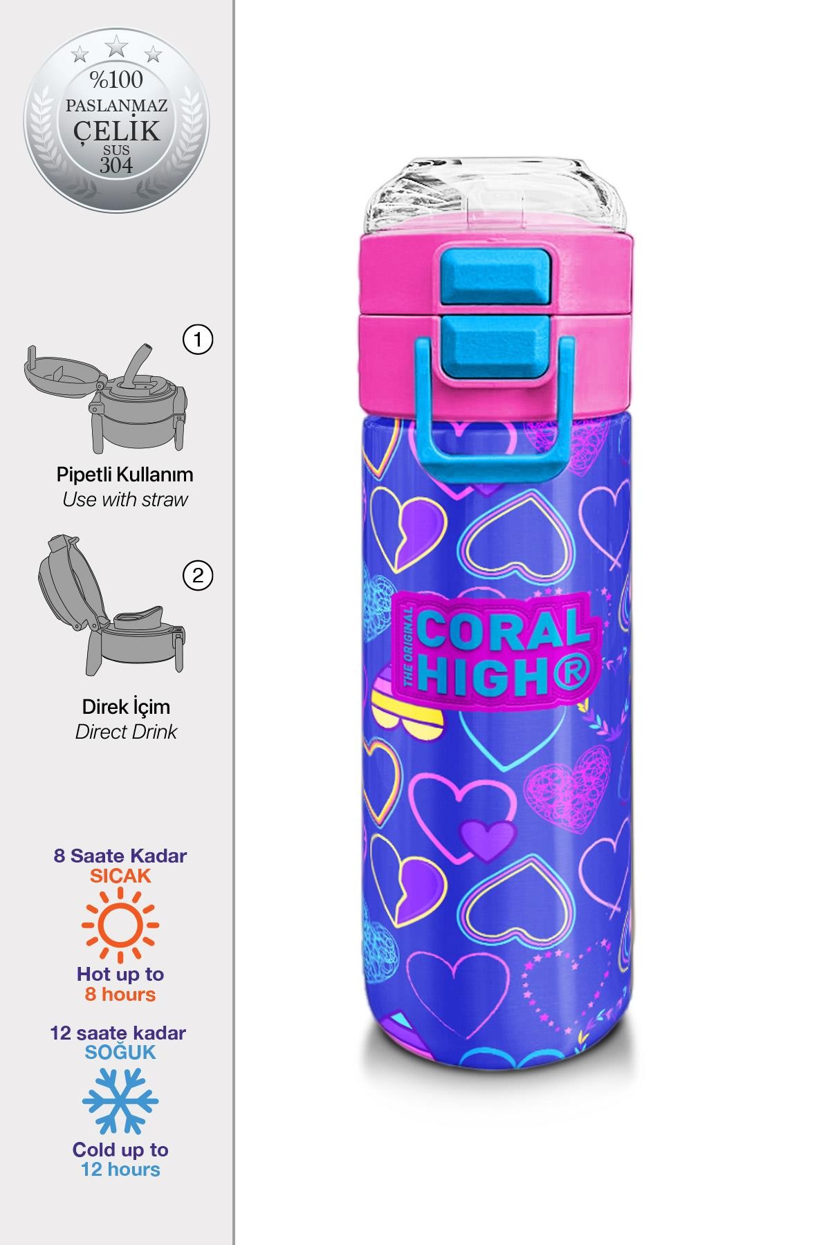 Coral High Kids Açık Pembe Lavanta Kalp Desenli Pipetli ve Direkt İçim Çelik Termos 500 ml 31977