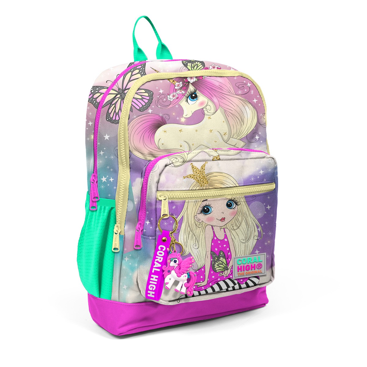 Coral High Kids Pembe Su Yeşili Unicornlu Kız Desenli Dört Bölmeli USB'li Okul Sırt Çantası 23833