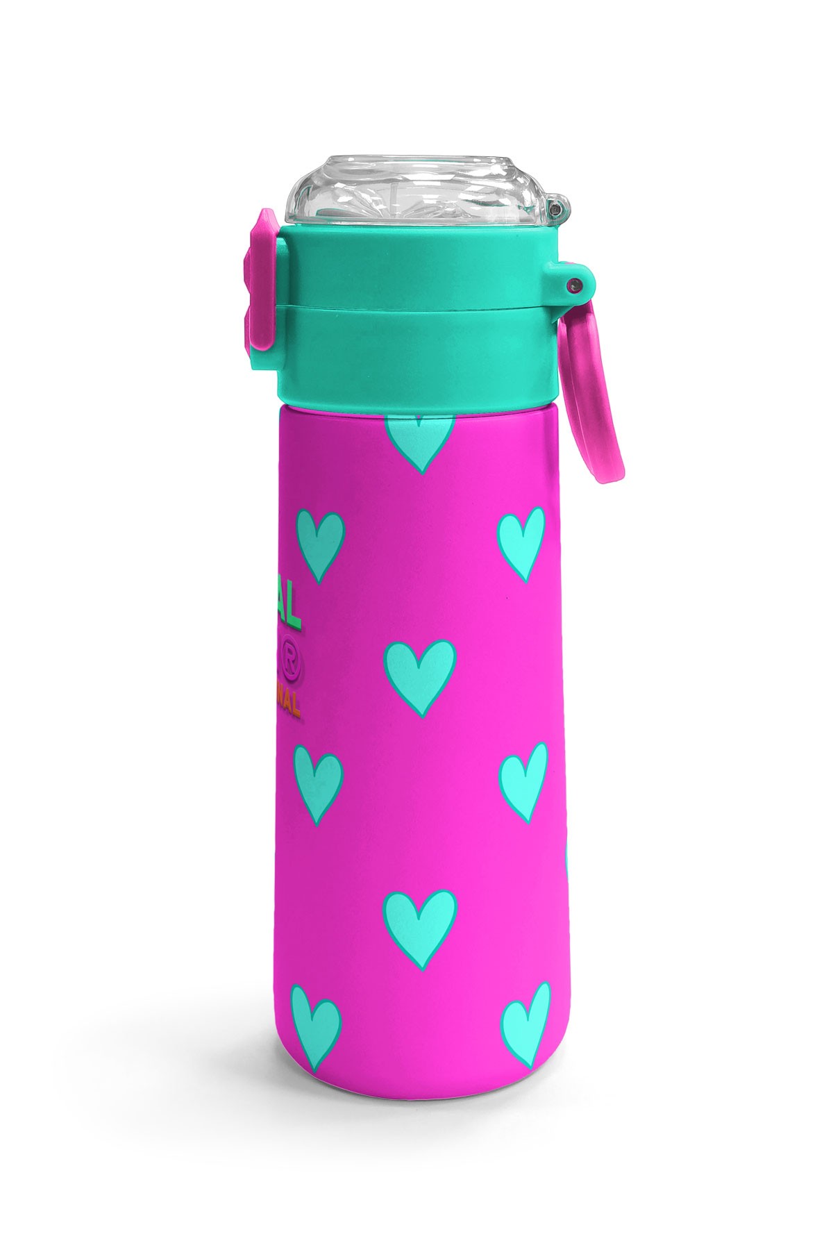Coral High Kids Neon Pembe Su Yeşili Kalp Desenli Pipetli ve Direkt İçim Çelik Termos 500 ml 31906