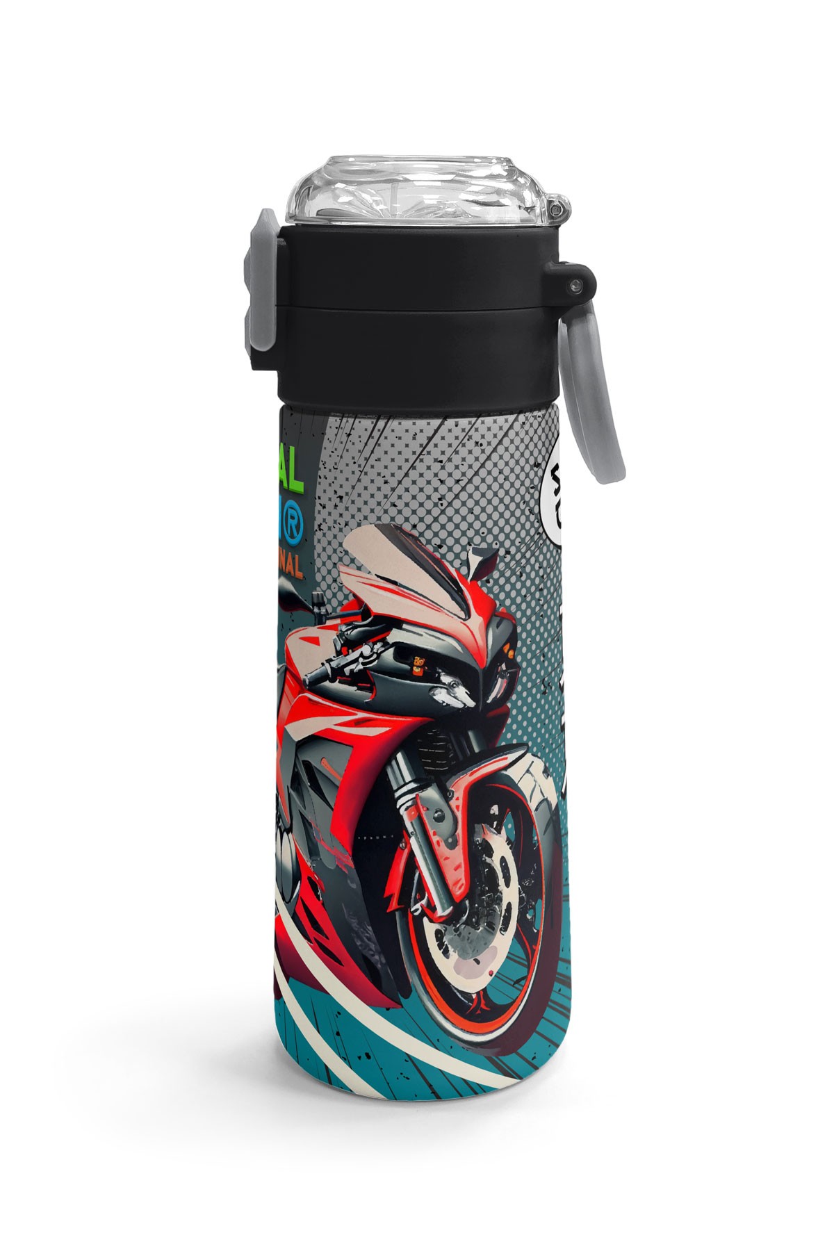 Coral High Kids Gri Nefti Anime Motorsiklet Desenli Pipetli ve Direkt İçim Çelik Termos 500 ml 31965