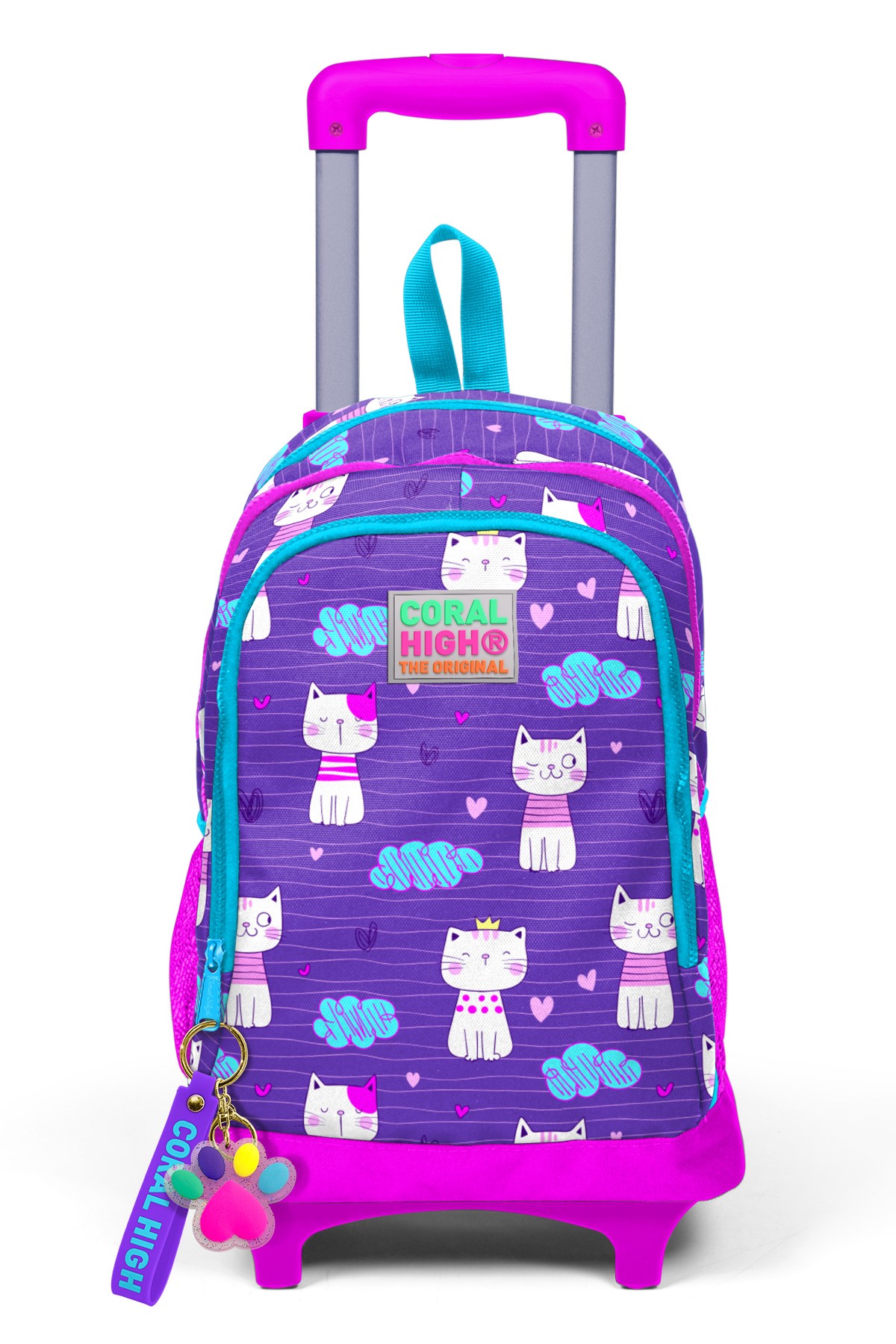 Coral High Kids Mor Pembe Kedi Desenli Üç Bölmeli Çekçekli Okul Sırt Çantası 23360