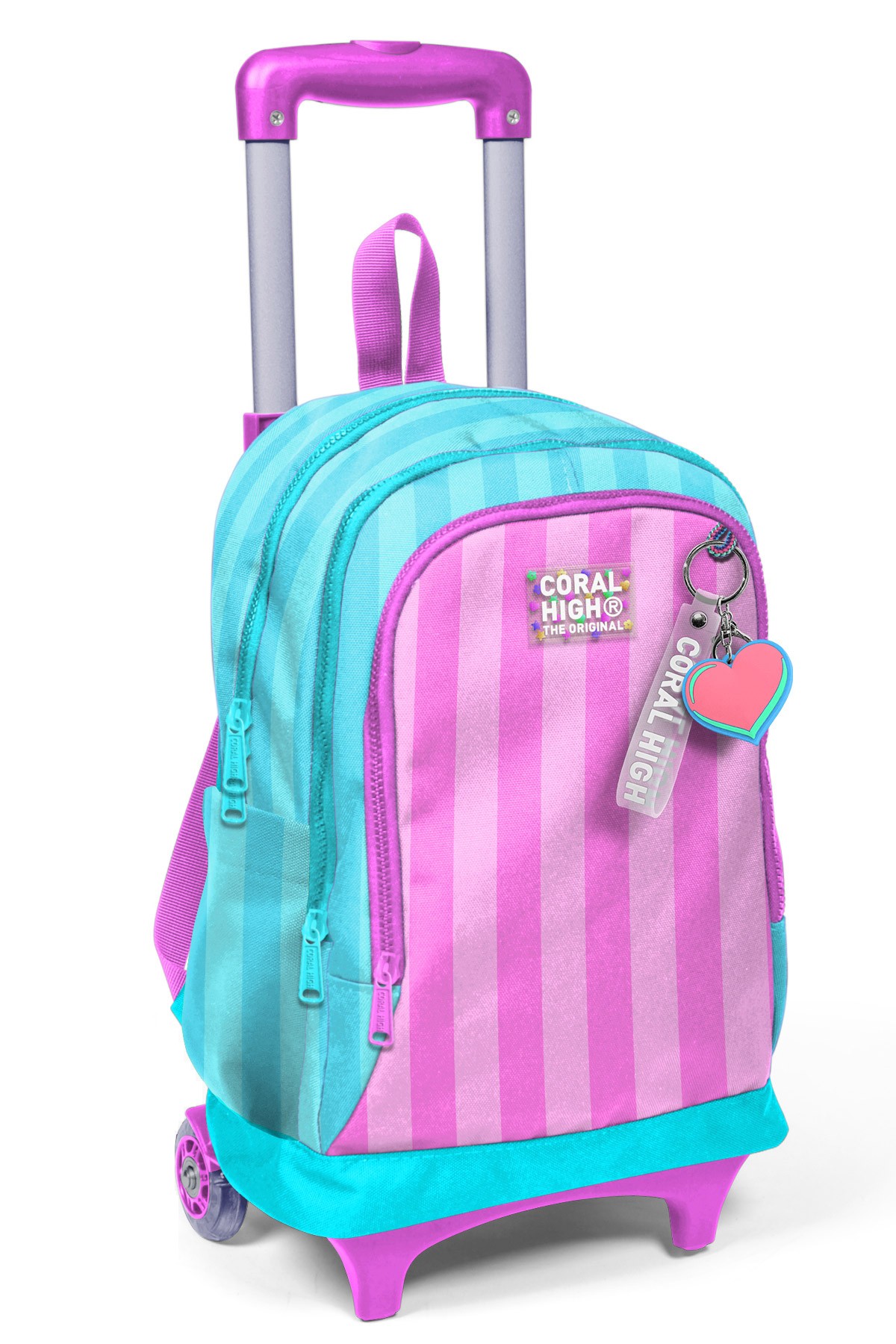 Coral High Kids Turkuaz Pembe Çizgili Üç Bölmeli Çekçekli Okul Sırt Çantası 23971