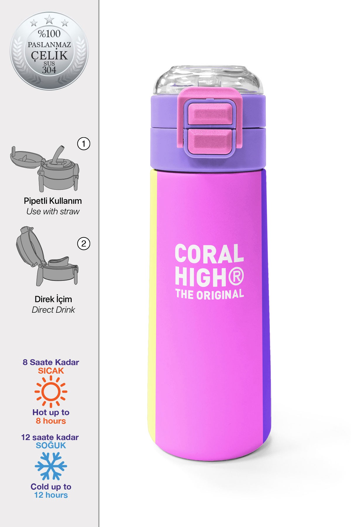 Coral High Kids Çok Renkli Desenli Pipetli ve Direkt İçim Çelik Termos 500 ml 31876