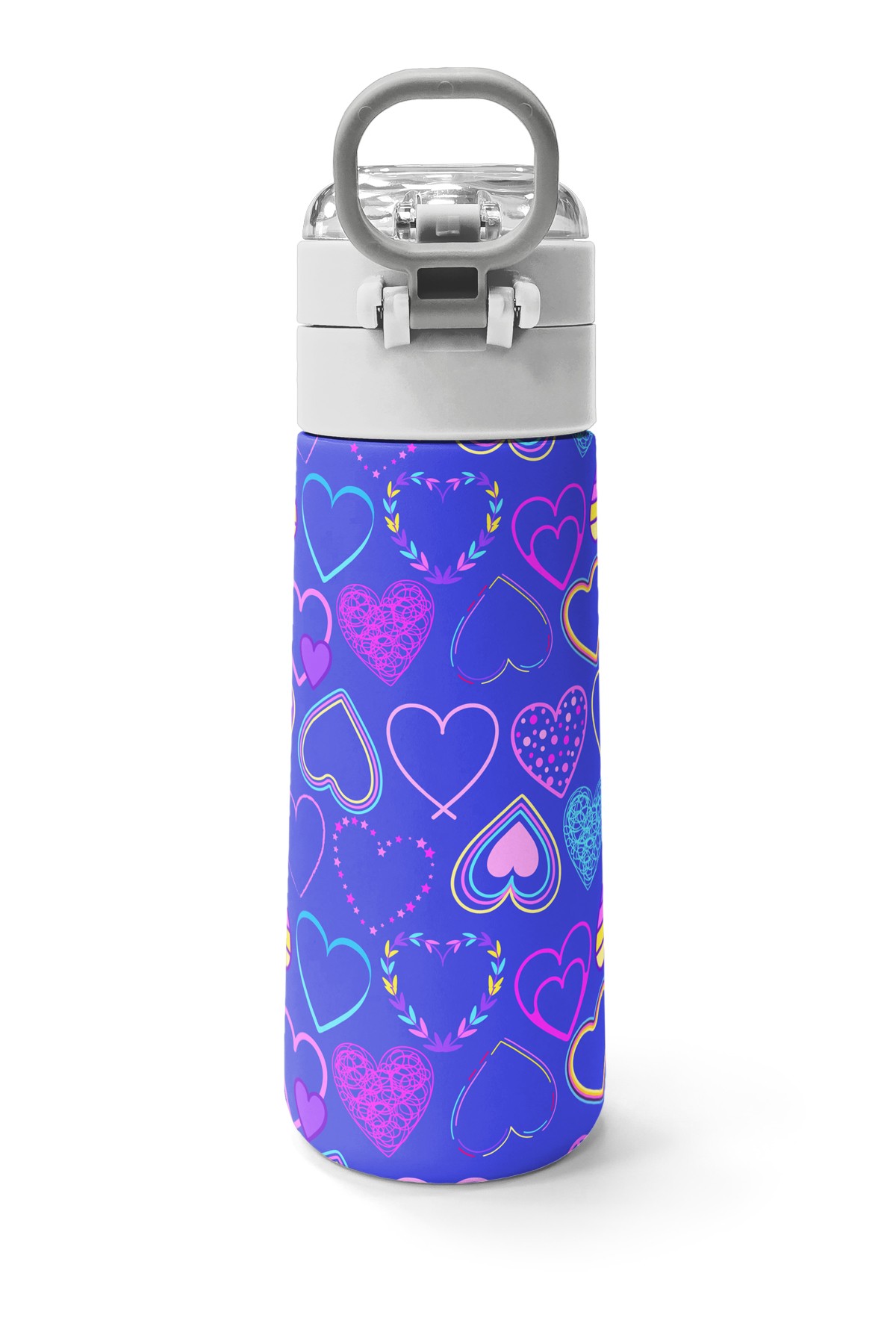 Coral High Kids Açık Pembe Lavanta Kalp Desenli Pipetli ve Direkt İçim Çelik Termos 500 ml 31977