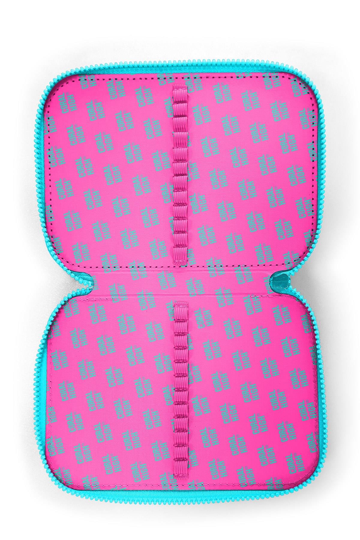 Coral High Kids Pembe Neon Mercan Fashion Girl Desenli Çift Katlı Kalem Çanta 11141 
