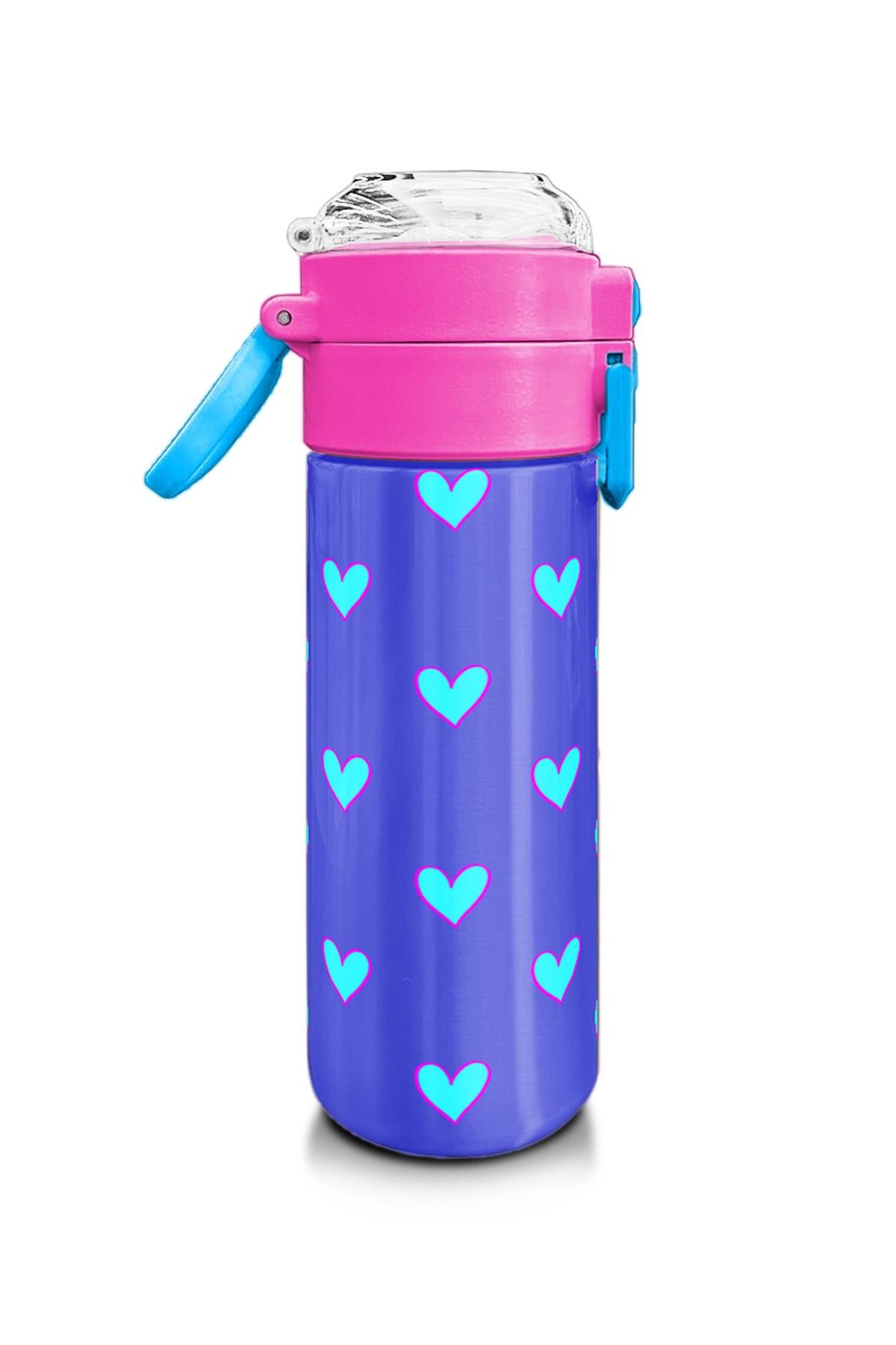 Coral High Kids Lavanta Pembe Kalp Desenli Pipetli ve Direkt İçim Çelik Termos 500 ml 31922