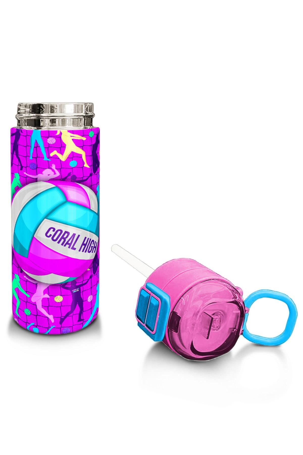 Coral High Kids Pembe Mor Voleybol Desenli Pipetli ve Direkt İçim Çelik Termos 500 ml 31795