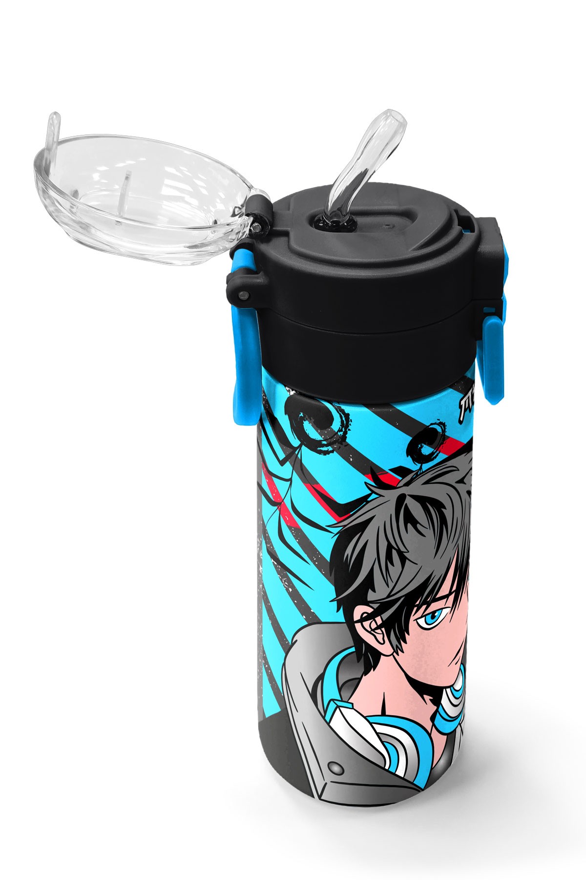 Coral High Kids Siyah Mavi Anime Desenli Pipetli ve Direkt İçim Çelik Termos 500 ml 31840