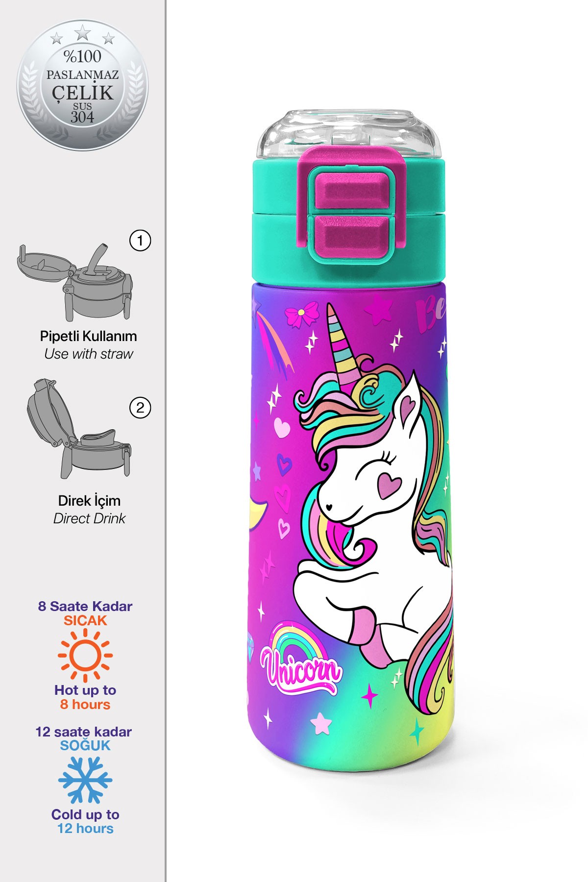 Coral High Kids Lavanta Su Yeşili Unicorn Desenli Pipetli ve Direkt İçim Çelik Termos 500 ml 31937