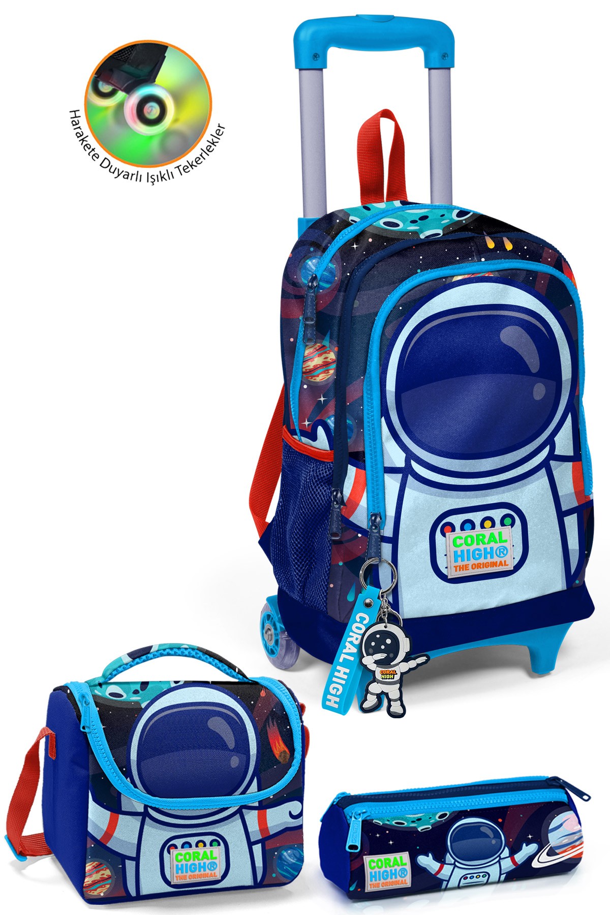 Coral High Kids Saks Mavi Astronot Desenli Çekçekli 3'lü Çanta Seti SET0123924