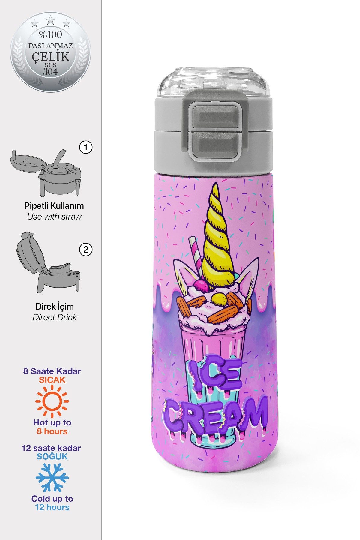 Coral High Kids Pembe Mor Milkshake Dondurma Desenli Pipetli ve Direkt İçim Çelik Termos 500 ml 31950