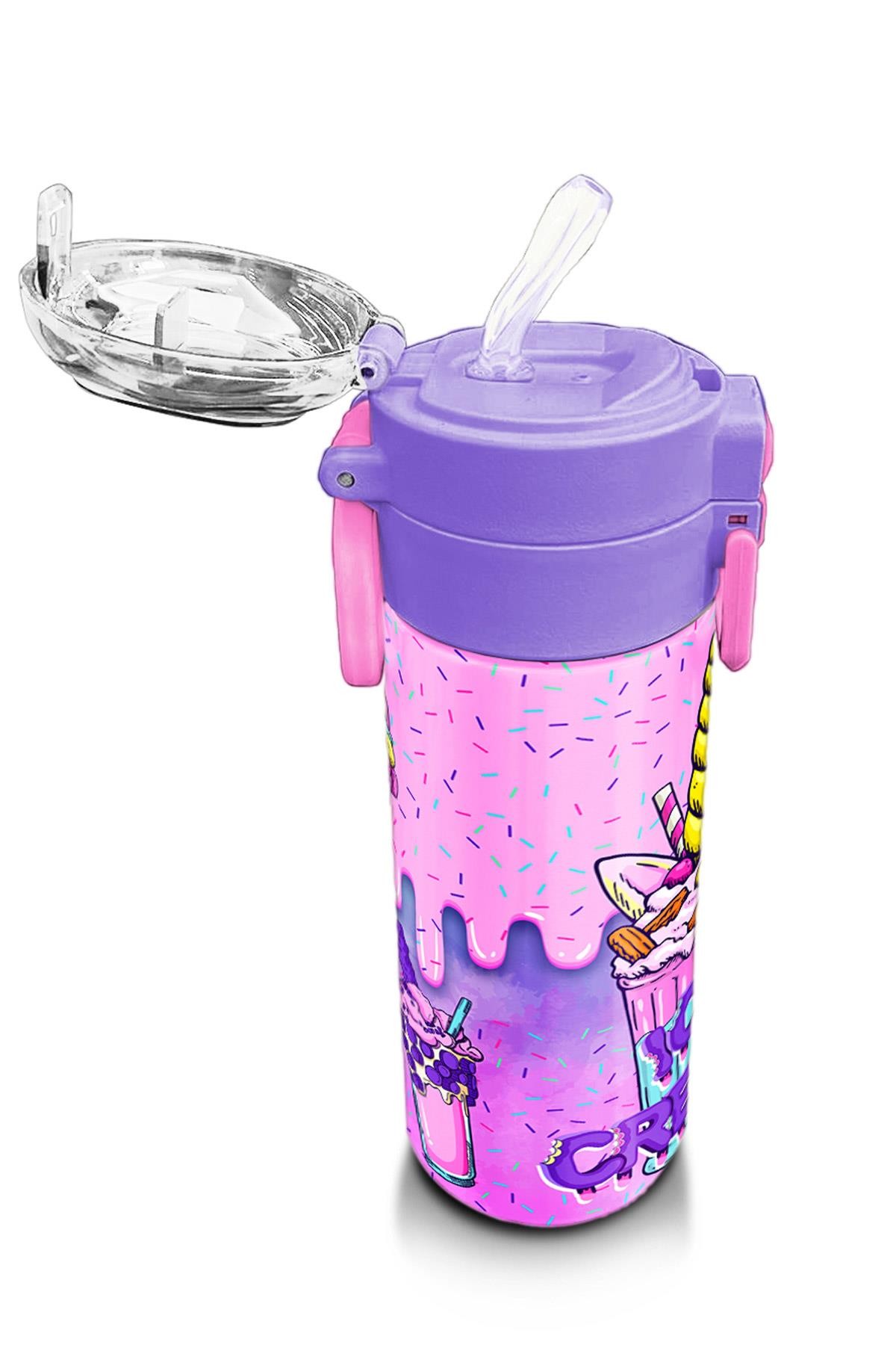 Coral High Kids Pembe Mor Milkshake Dondurma Desenli Pipetli ve Direkt İçim Çelik Termos 500 ml 31950