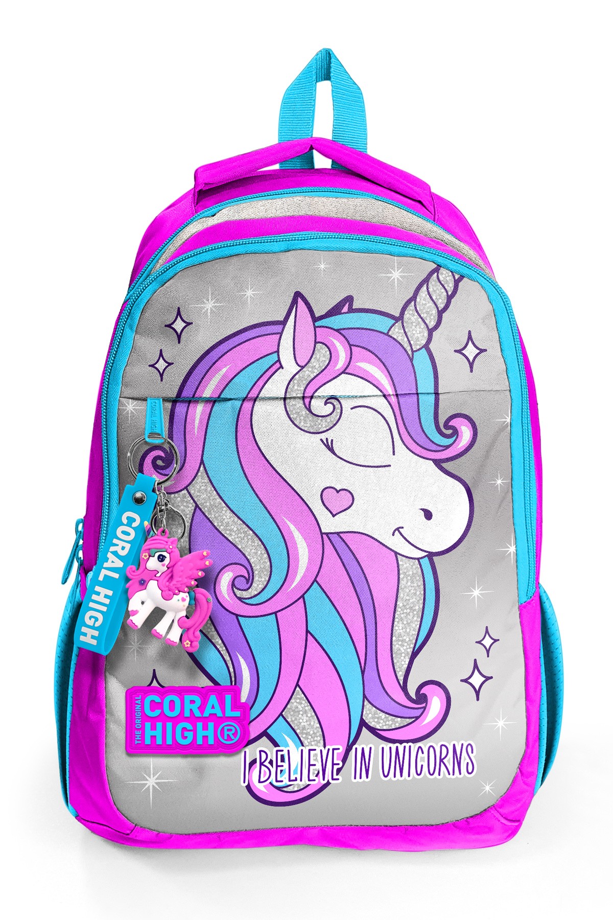 Coral High Kids Pembe Gümüş Simli Unicorn Desenli Üç Bölmeli  Okul Sırt Çantası 14383