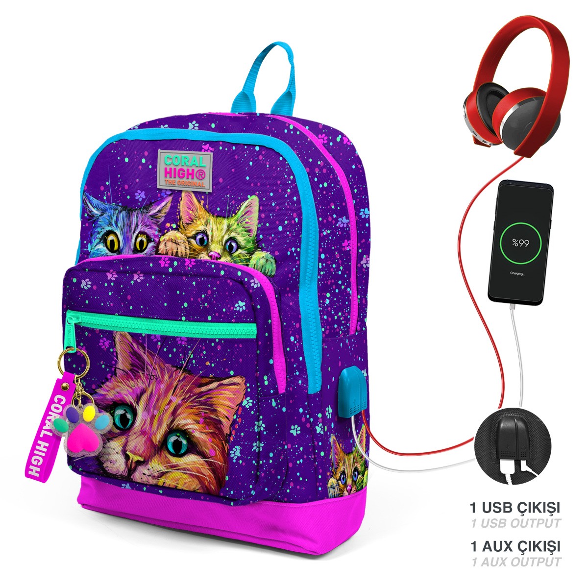 Coral High Kids Mor Pembe Kedi Desenli Dört Bölmeli USB'li Okul Sırt Çantası 23832