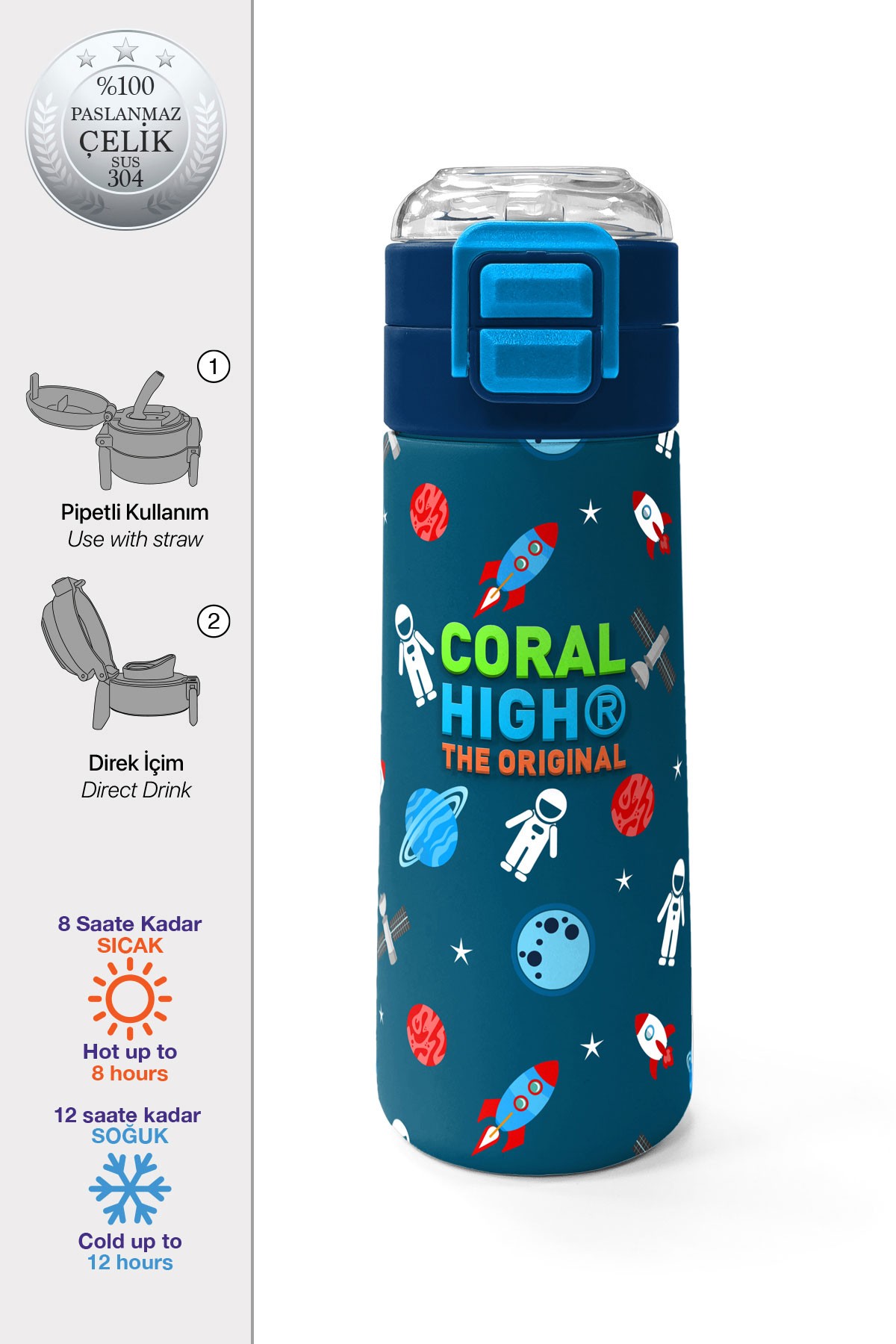 Coral High Kids Çivit Kırmızı Uzay Desenli Pipetli ve Direkt İçim Çelik Termos 500 ml 31908