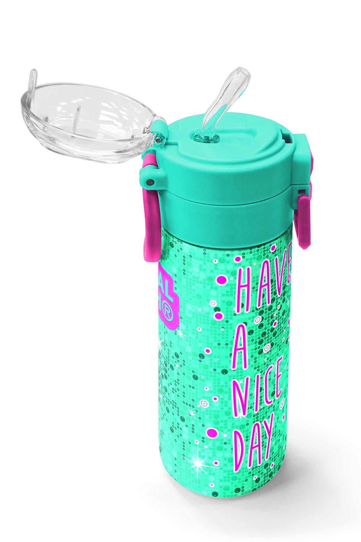 Coral High Kids Pembe Su Yeşili Kedi Desenli Pipetli ve Direkt İçim Çelik Termos 500 ml 31806
