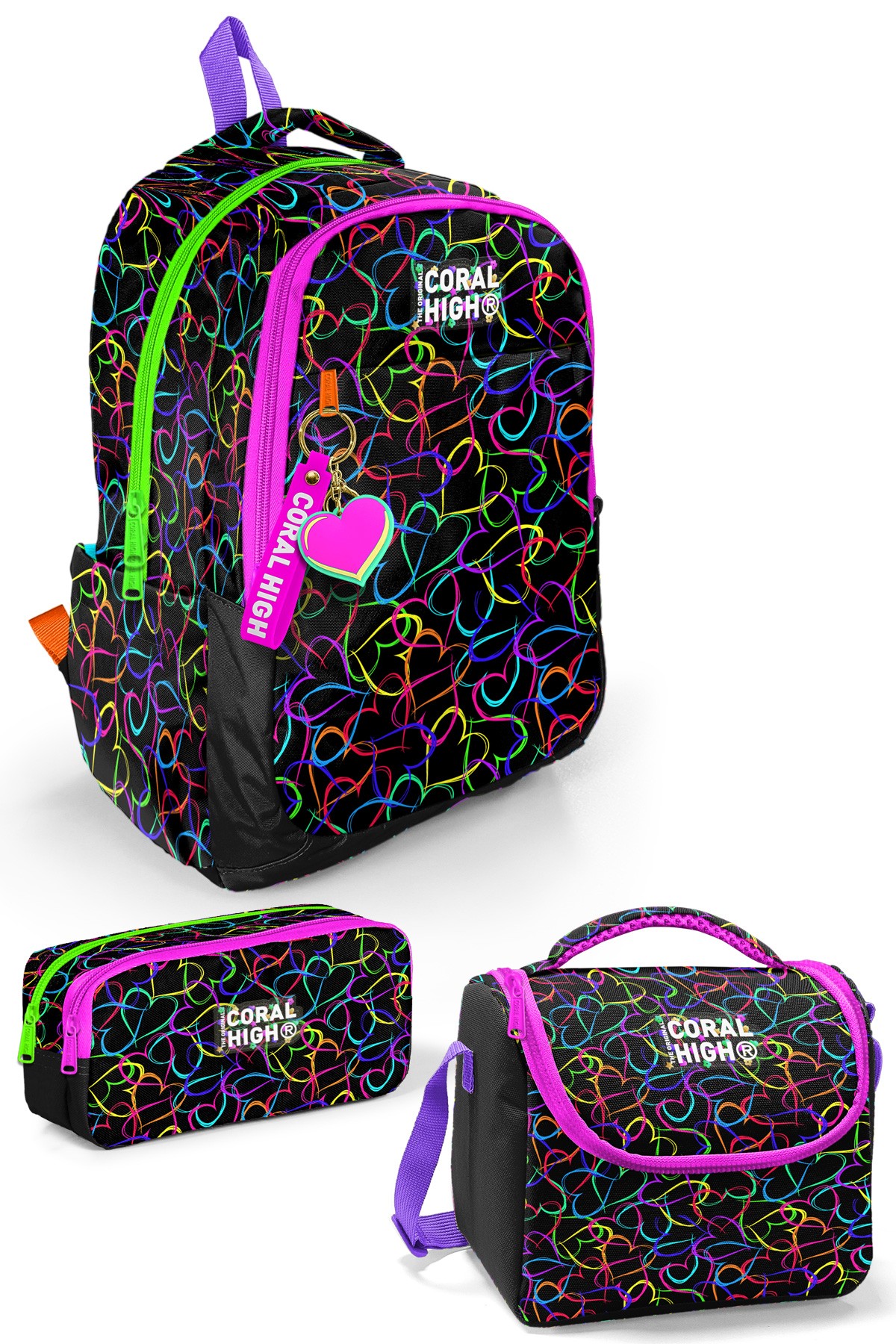 Coral High Kids Çok Renkli Kalp Desenli 3’lü Okul Çanta Seti SET0123670