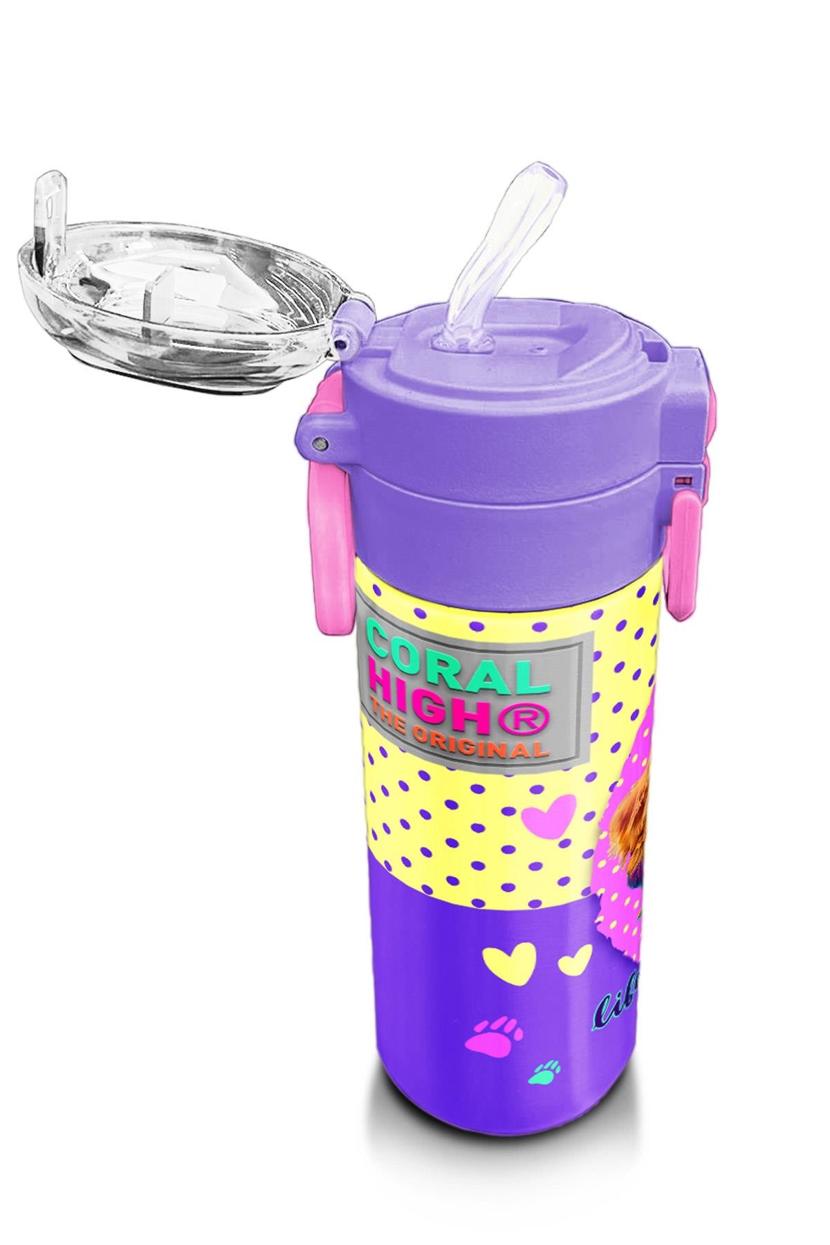 Coral High Kids Sarı Pembe Sevimli Köpek Desenli Pipetli ve Direkt İçim Çelik Termos 500 ml 31953