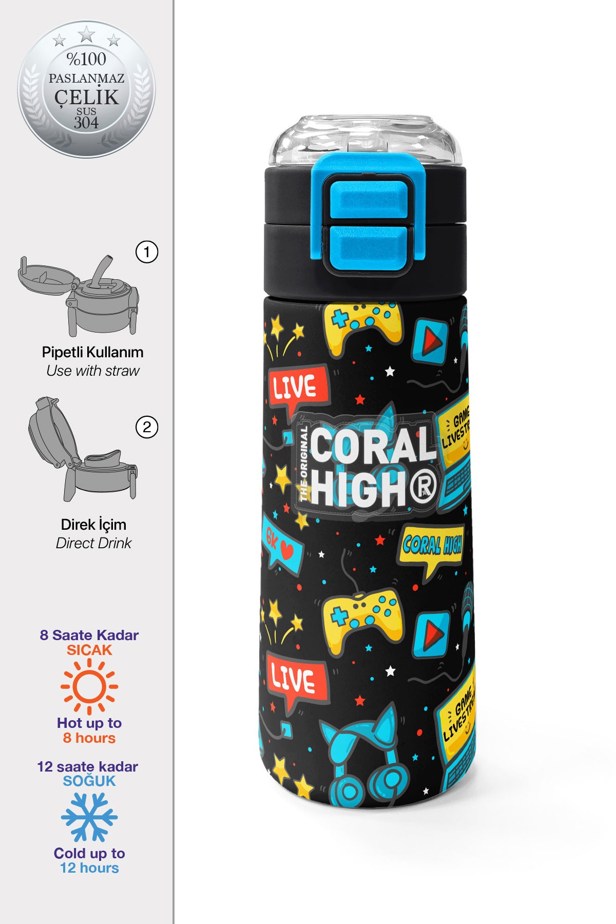 Coral High Kids Siyah Mavi Gamer Desenli Pipetli ve Direkt İçim Çelik Termos 500 ml 31984