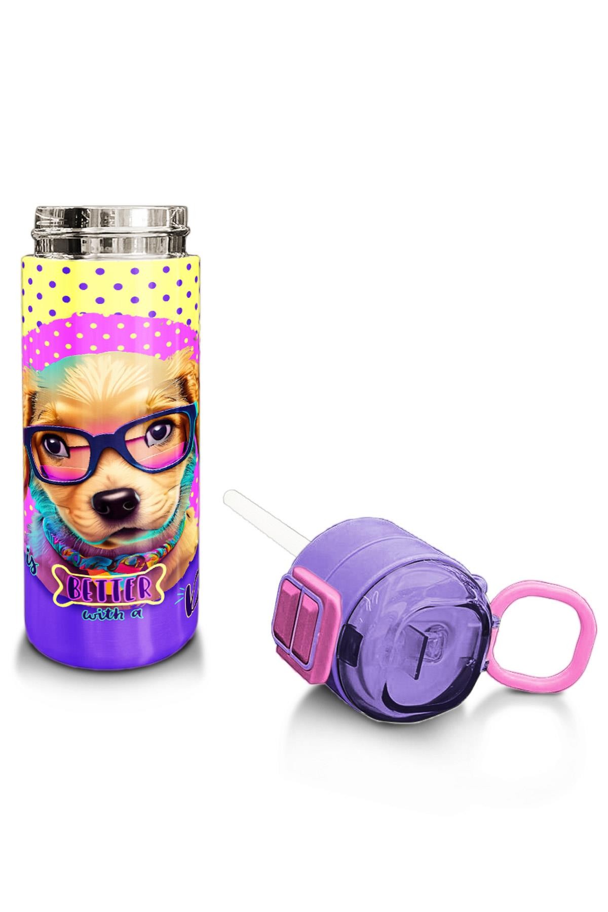 Coral High Kids Sarı Pembe Sevimli Köpek Desenli Pipetli ve Direkt İçim Çelik Termos 500 ml 31953