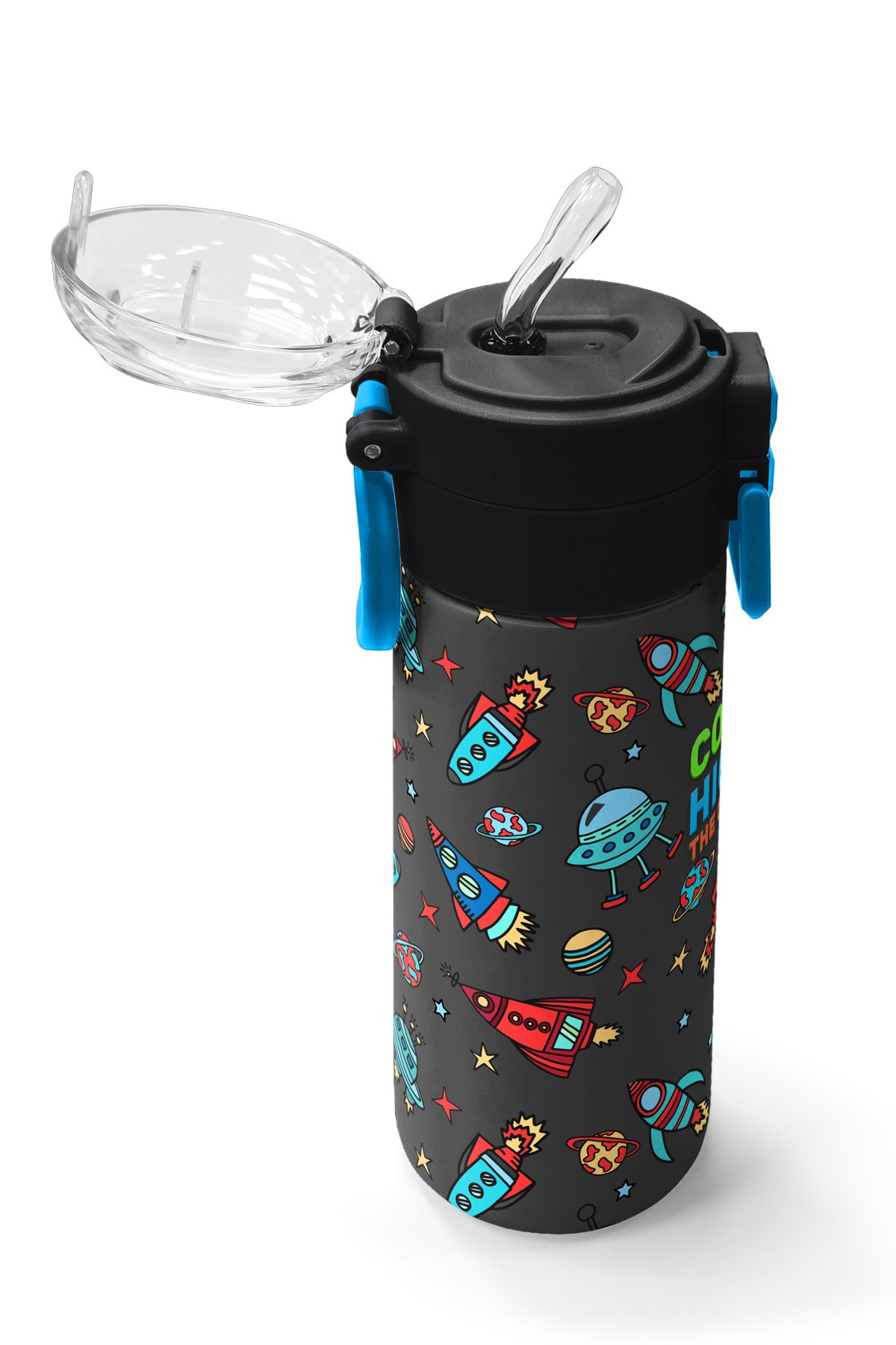 Coral High Kids Koyu Gri Kırmızı Uzay Desenli Pipetli ve Direkt İçim Çelik Termos 500 ml 31916