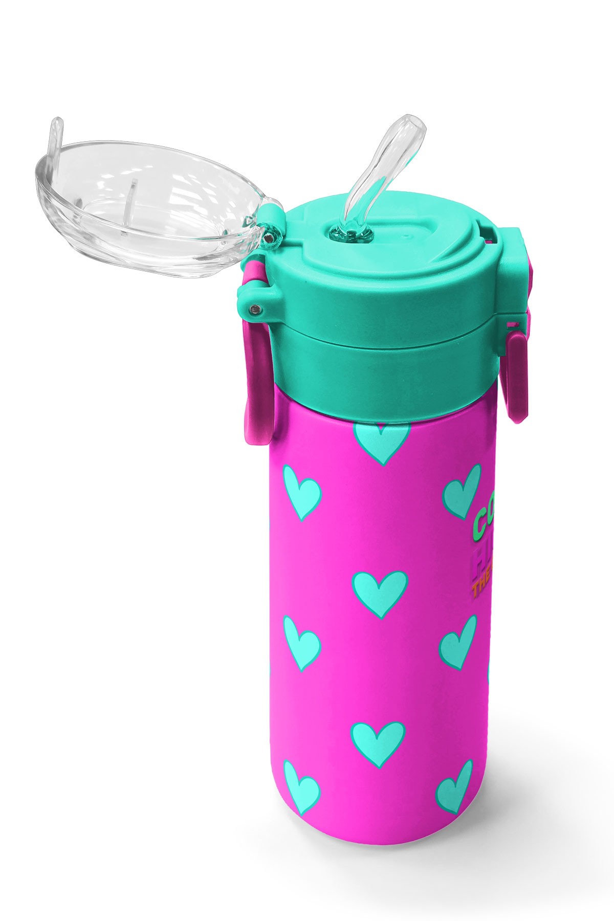 Coral High Kids Neon Pembe Su Yeşili Kalp Desenli Pipetli ve Direkt İçim Çelik Termos 500 ml 31906