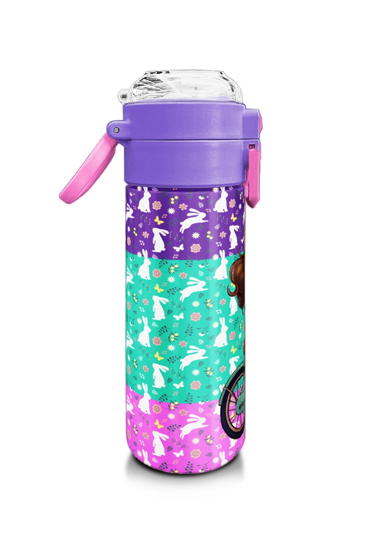 Coral High Kids Mor Pembe Bisikletli Kız Desenli Pipetli ve Direkt İçim Çelik Termos 500 ml 31797